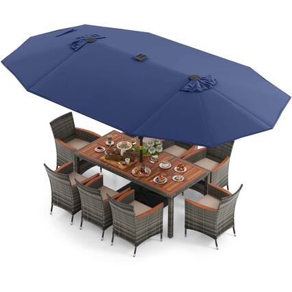 Front. Costway - 11 PCS Patio Dining Set with 15 ft Double-Sided Patio Umbrella 8 Armchairs - Mix Gray,Beige,Blue.
