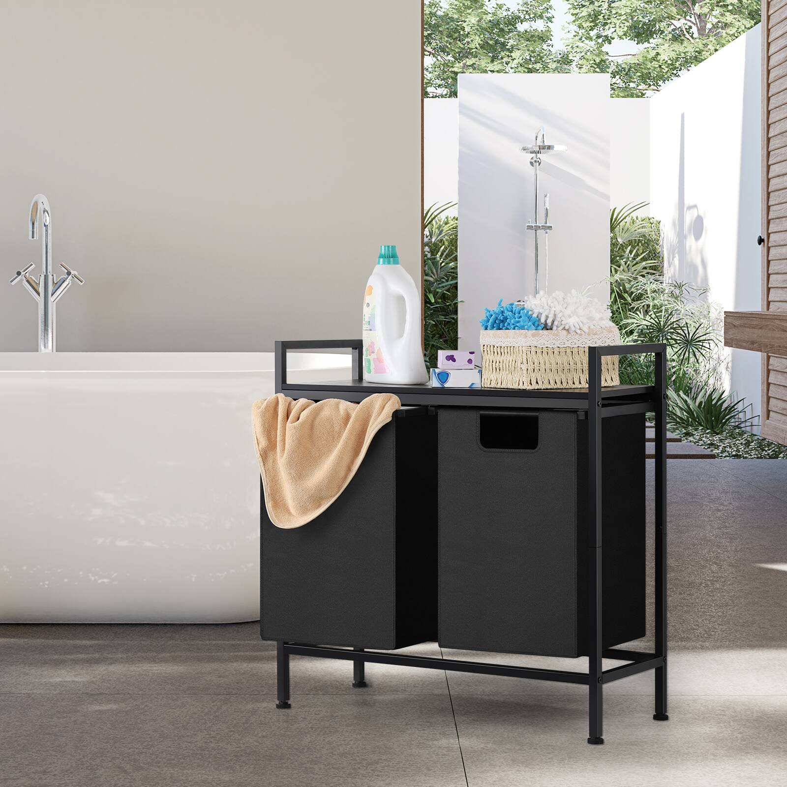 Back. Oumilen - 2-Section Rolling Laundry Hamper Cart – Metal Sorter with Removable Bags & Top Shelf, Black - Black.