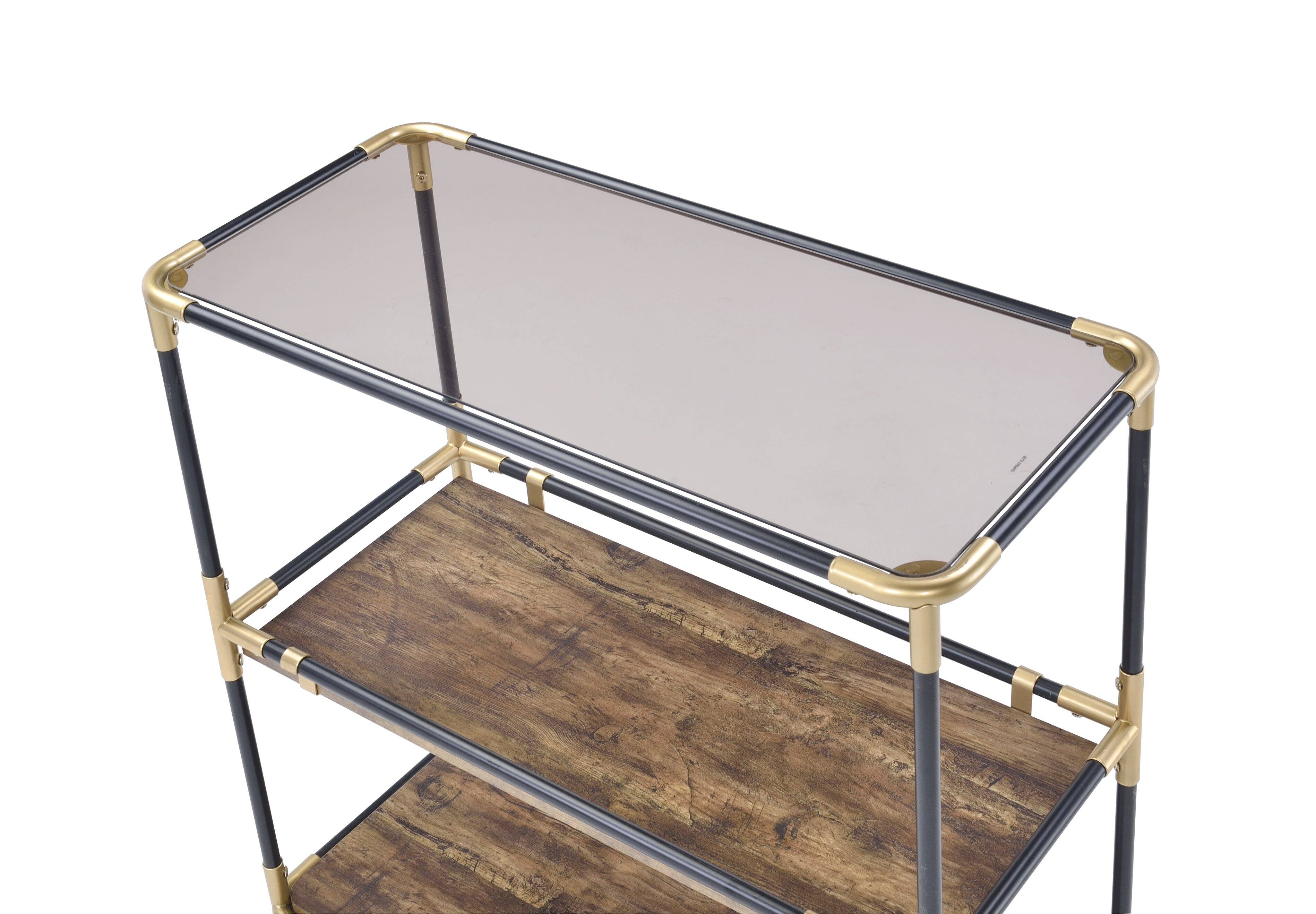 Alt View 2. Manhattan Lane - Rechange Glass Top Console Table Metal Tubular Framing and Wooden Shelves - Black and Brown.