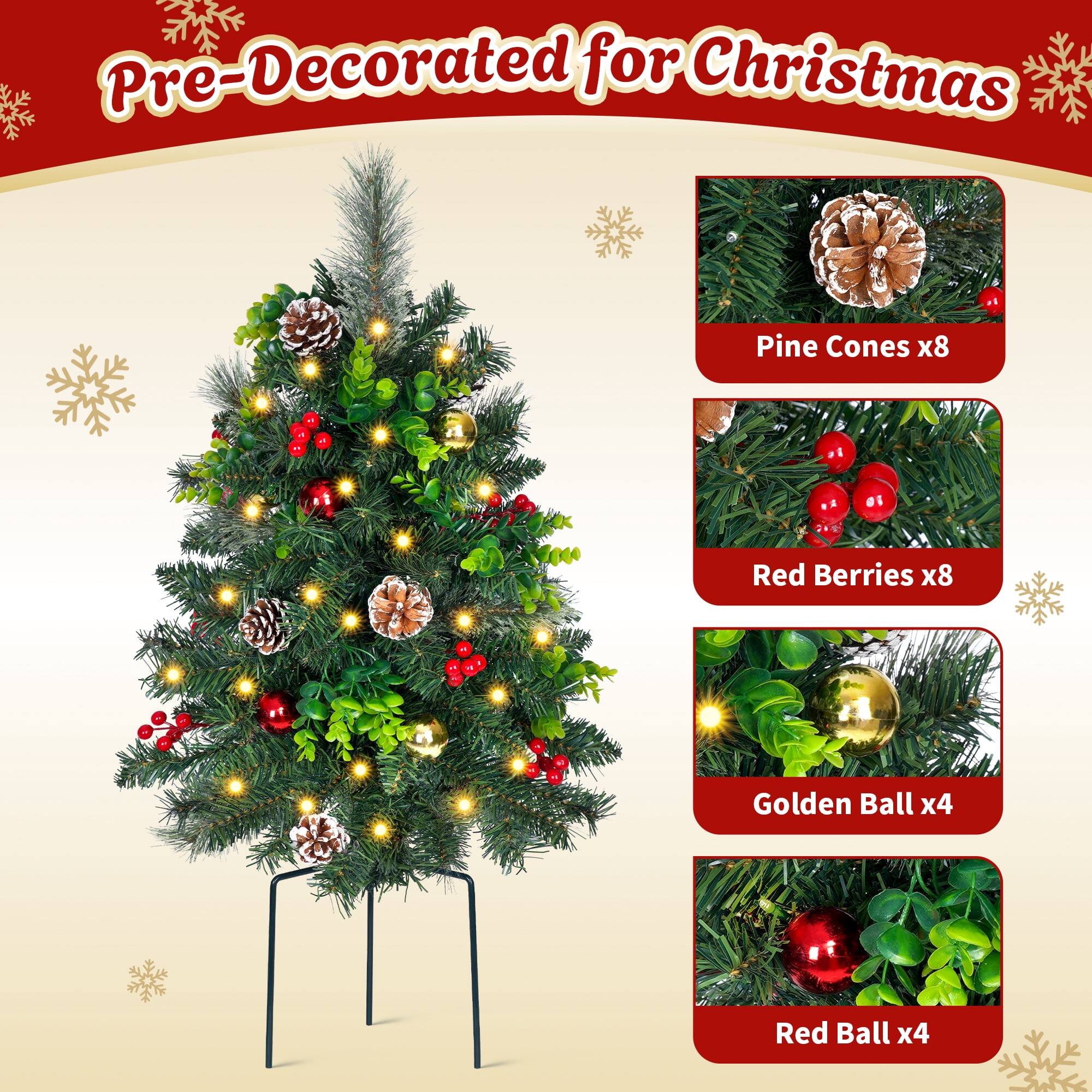 Pre-Decorated for Christmas

Pine Cones x8  
Red Berries x8  
Golden Ball x4  
Red Ball x4