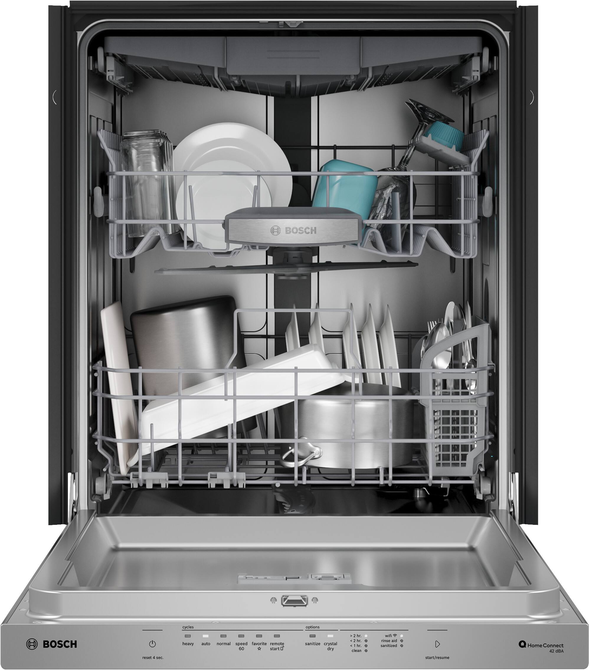 The image features a dishwasher with its door open, revealing a variety of dishes and utensils inside. There are multiple cups, bowls, and knives arranged in the dishwasher racks. The dishwasher is a Bosch model, and it is filled with a mix of clean and dirty dishes, indicating that it is in the process of being used.