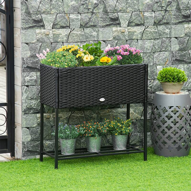 Alt View 1. Outsunny - Raised Garden Bed, Elevated Planter Box with Rattan Wicker Look, Tool Storage Shelf, Portable Design for Herbs - Black.