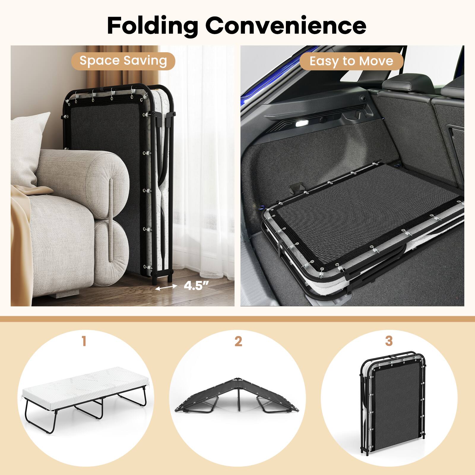 Folding Convenience

Space Saving

Easy to Move

4.5"

1

2

3