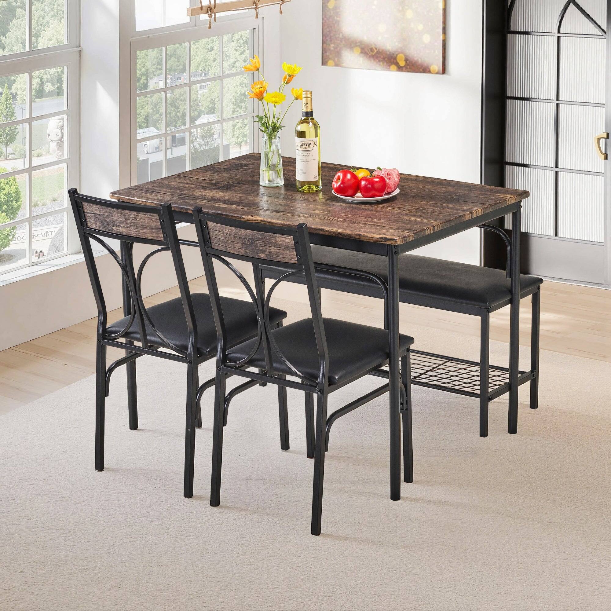 Alt View 1. Vecelo - Modern 4-Piece Dining Table Set with Bench and 2 Upholstered Chairs – Rectangular Kitchen Table Set for Small Spaces - Brown.