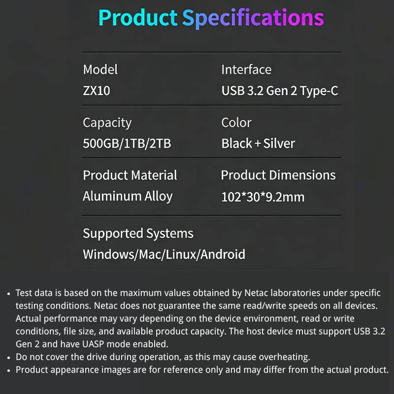 Product Specifications

Model: ZX10  
Interface: USB 3.2 Gen 2 Type-C  
Capacity: 500GB/1TB/2TB  
Color: Black + Silver  
Product Material: Aluminum Alloy  
Product Dimensions: 102*30*9.2mm  
Supported Systems: Windows/Mac/Linux/Android  

Test data is based on the maximum values obtained by Netac laboratories under specific testing conditions. Netac does not guarantee the same read/write speeds on all devices. Actual performance may vary depending on the device environment, read or write conditions, file size, and available product capacity. The host device must support USB 3.2 Gen 2 and have UASP mode enabled. Do not cover the drive during operation, as this may cause overheating. Product appearance images are for reference only and may differ from the actual product.