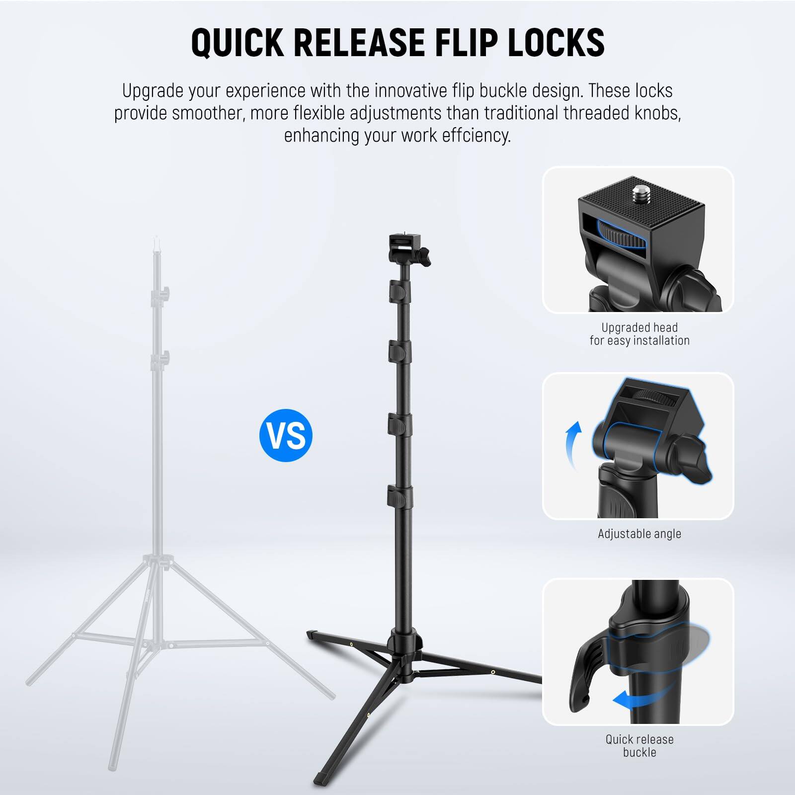 QUICK RELEASE FLIP LOCKS

Upgrade your experience with the innovative flip buckle design. These locks provide smoother, more flexible adjustments than traditional threaded knobs, enhancing your work efficiency.

VS

Upgraded head for easy installation

Adjustable angle

Quick release buckle