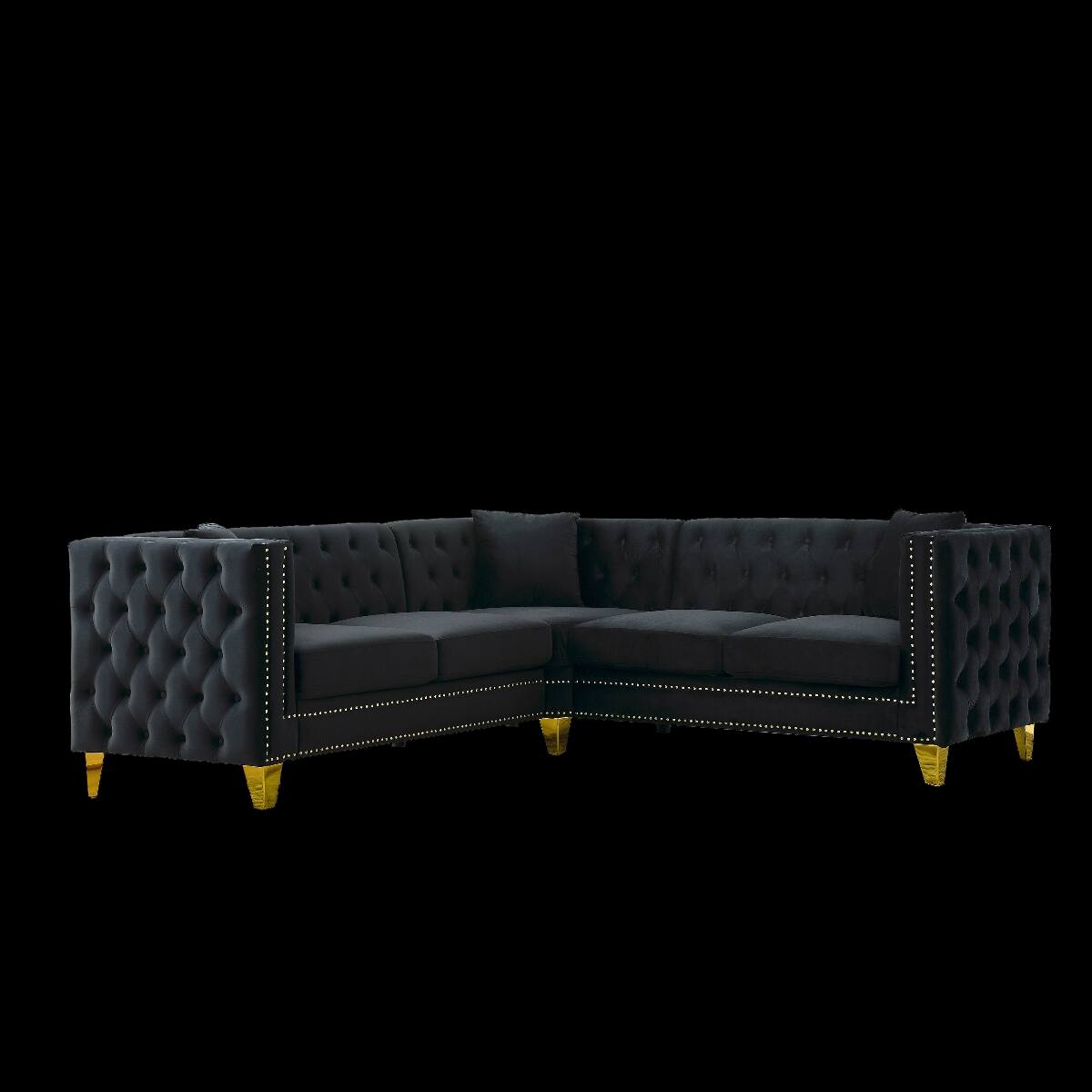 Alt View 6. Ropilly - Ropilly Velvet Corner Sofa, L Shaped Sectional Couch, Black 5 Seater Chesterfield Style Sofa - Black.