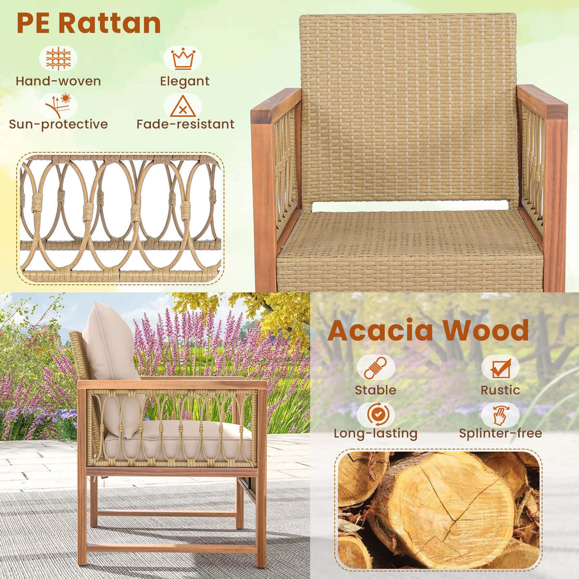 PE Rattan: Hand-woven, Elegant, Sun-protective, Fade-resistant, Acacia Wood, Stable, Rustic, Long-lasting, Splinter-free.