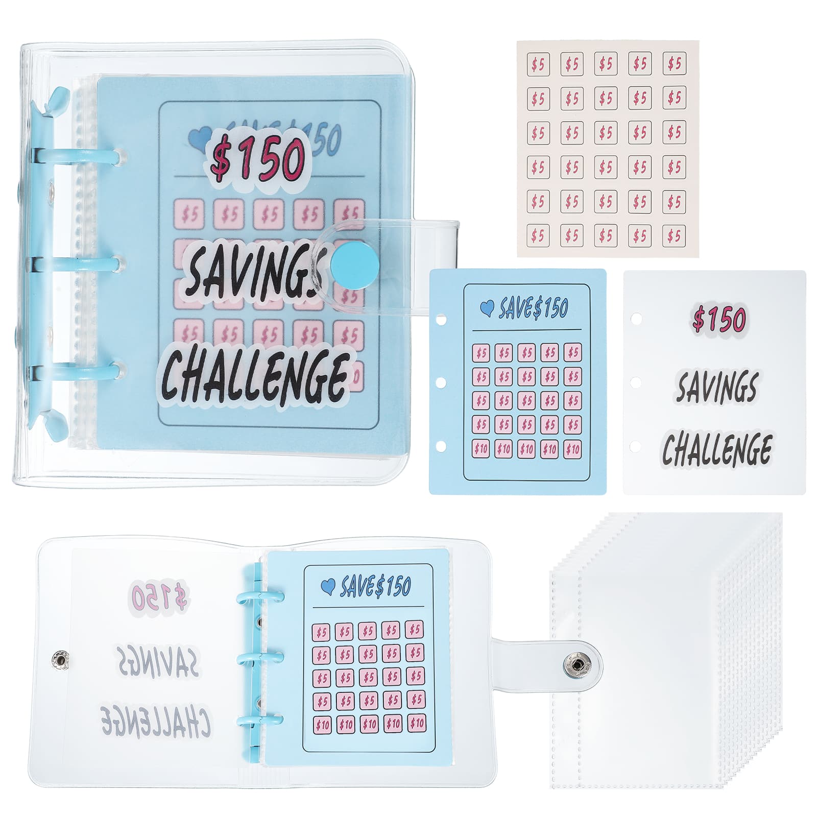 Unique Bargains - 150 USD Savings Challenge Book, Money Saving Binder with 25 Reusable Envelopes for Budgeting & Financial Planning - Blue