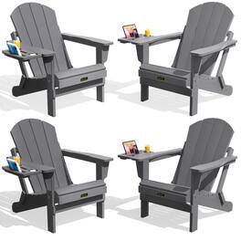 SERWALL - Folding Adirondack Chair Set of 4, All Weather Patio Chairs with 4 in 1 Cup Holder, Coffee - Gray