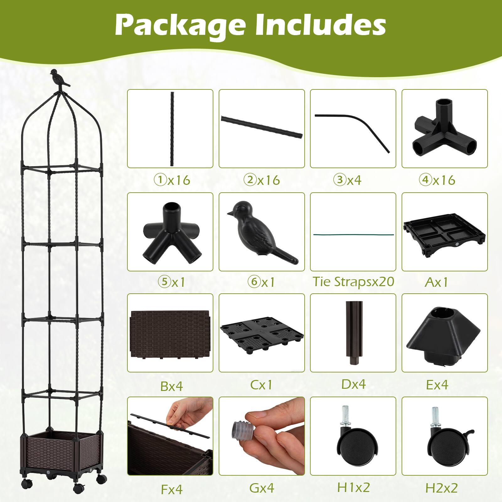 Package Includes

1 x16  
2 x16  
3 x4  
4 x16  
5 x1  
6 x1  
Tie Straps x20  
A x1  
B x4  
C x1  
D x4  
E x4  
F x4  
G x4  
H1 x2  
H2 x2