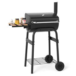 Gymax - Barrel Charcoal Grill w/Foldable Side Table Built-in Thermometer & Storage Shelf - Black