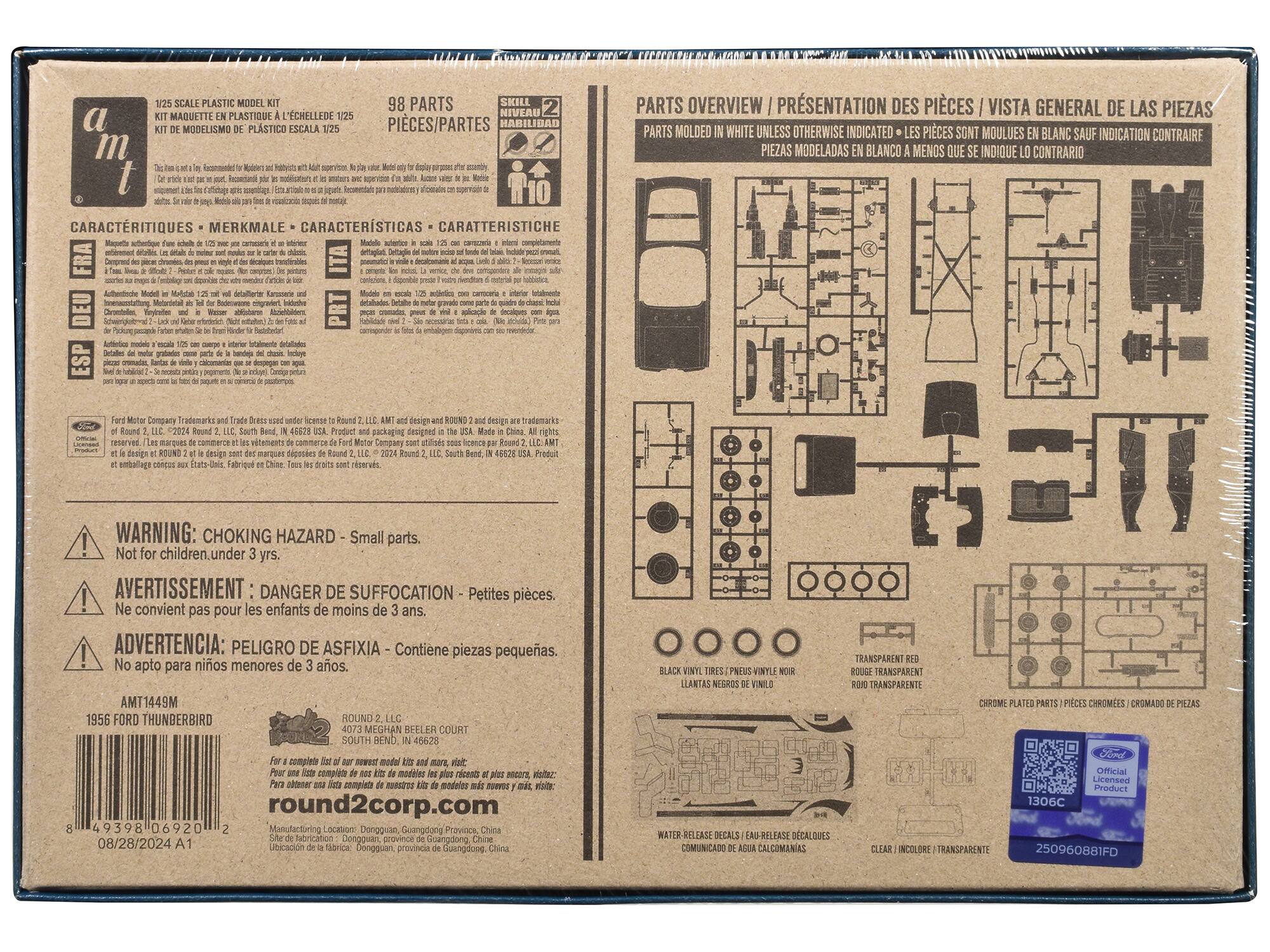 Sure, here is the corrected and grouped text from the image:

---

**1/25 SCALE PLASTIC MODEL KIT**  
KIT DE MODELSIMO DE PLASTICO ESCALA 1/25  
KIT MAQUETTE PLASTIQUE L'ECHELLE DE 1/25  
KIT DE MODELSIMO DE PLASTICO ESCALA 1/25  

**98 PARTS**  
PIECES/PARTES  
PIECES  
PIECAS  

**SKILL LEVEL 2**  
NIVEAU HABILIDAD  
NIVEL DE HABILIDAD  

**CARACTERISTIQUES - MERKMALE - CARACTERÍSTICAS - CARATTERISTICHE**  
- Magazinage: 1/25 scale model kit with 98 parts in total.  
- 1/25 scale model kit with 98 parts in total.  
- 1/25 scale model kit with 98 parts in total.  
- 1/25 scale model kit with 98 parts in total.  
- 1/25 scale model kit with 98 parts in total.  
- 1/25