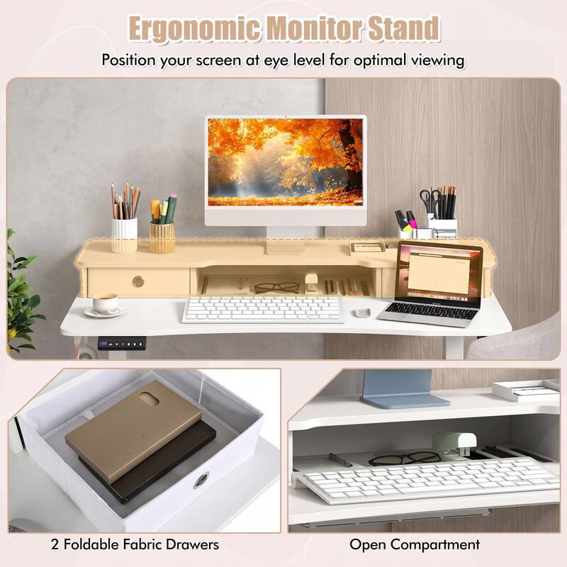 Ergonomic Monitor Stand  
Position your screen at eye level for optimal viewing  

2 Foldable Fabric Drawers  
Open Compartment