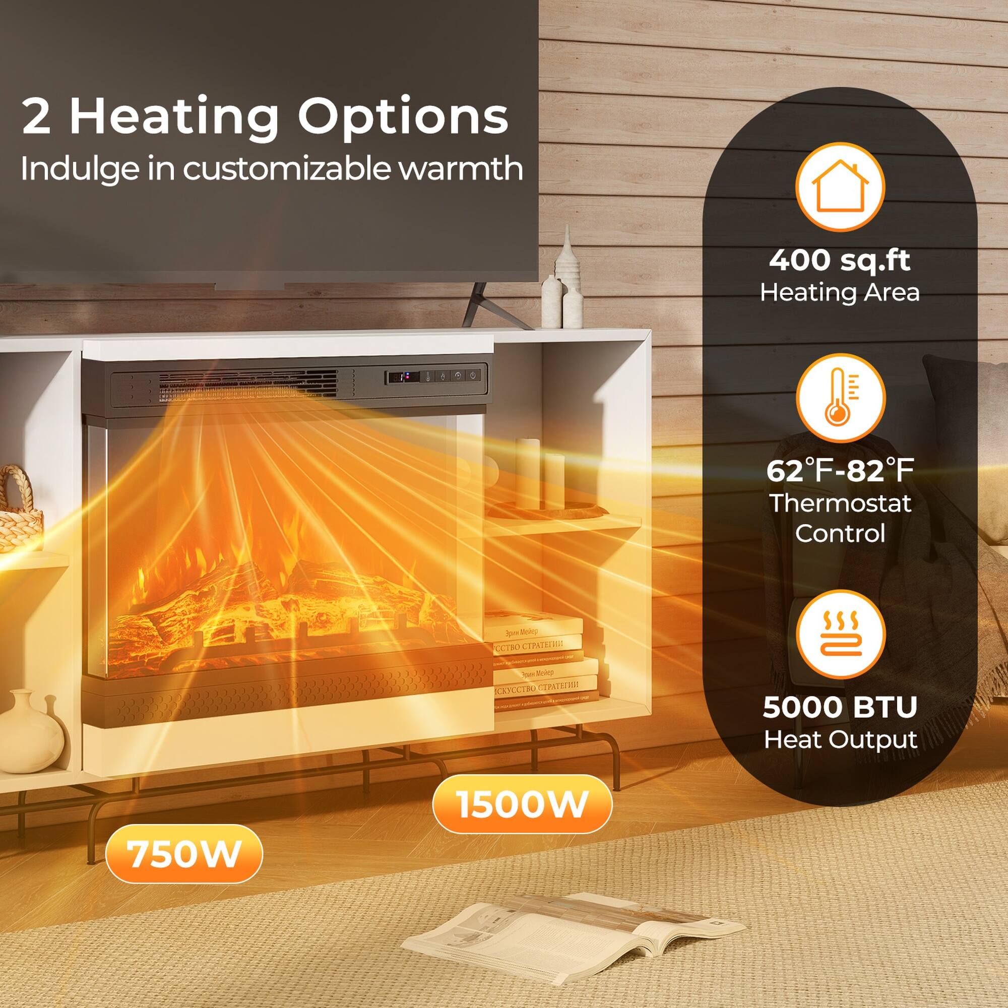 2 Heating Options  
Indulge in customizable warmth

400 sq.ft Heating Area

62°F-82°F Thermostat Control

5000 BTU Heat Output

750W

1500W