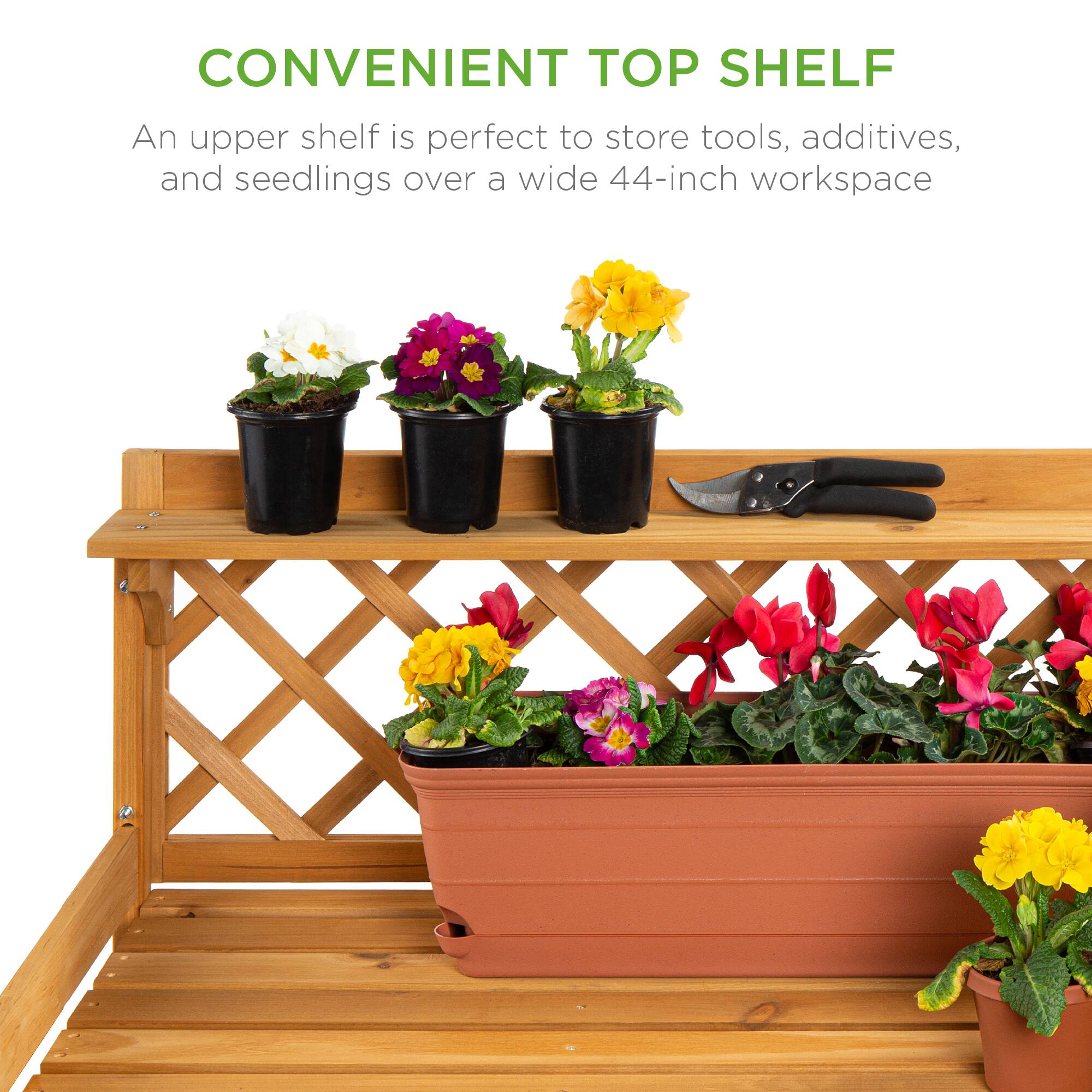 CONVENIENT TOP SHELF

An upper shelf is perfect to store tools, additives, and seedlings over a wide 44-inch workspace