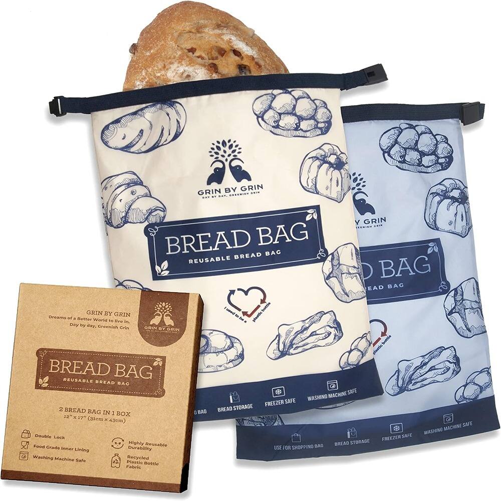 **Grin by Grin**

**BREAD BAG**

**Reusable Bread Bag**

**2 Bread Bag in 1 Box**

**13" x 19" (33cm x 48cm)**

**Double Lock**

**Food Grade Inner Lining**

**Washing Machine Safe**

**Highly Reusable**

**Durable**

**Recycled Fabric Bottle**

**Freezer Safe**

**Washing Machine Safe**

**Use for Shopping Bag**

**Bread Storage**

**Freezer Safe**

**Washing Machine Safe**

**Dreams of a Better World, Day by Day. Greenish Grin**
