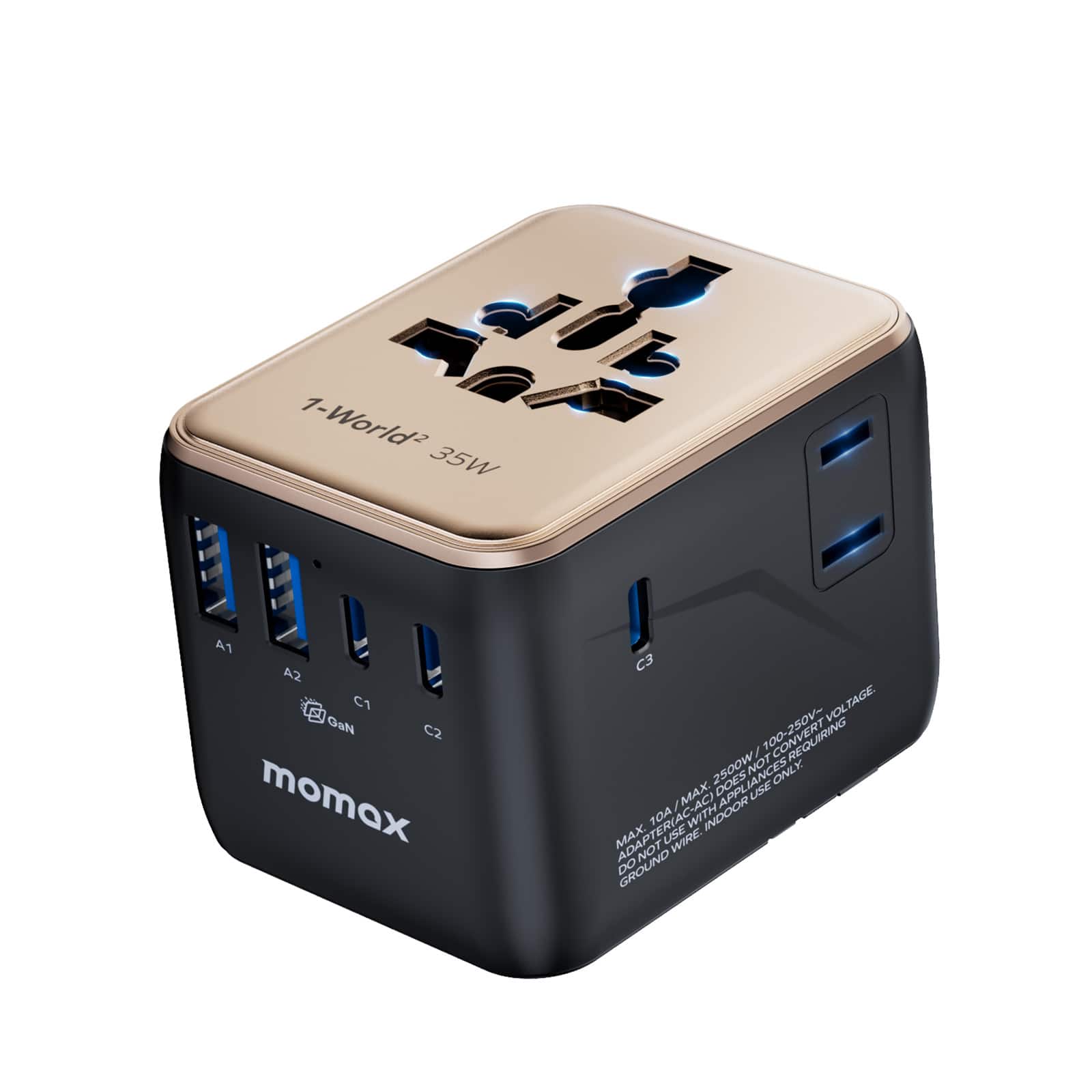 Momax - 7-in-1 Universal Travel Adapter, 3 USB-C PD & 2 USB-A QC, 2AC, All-in-one International Power Adapter - Gold
