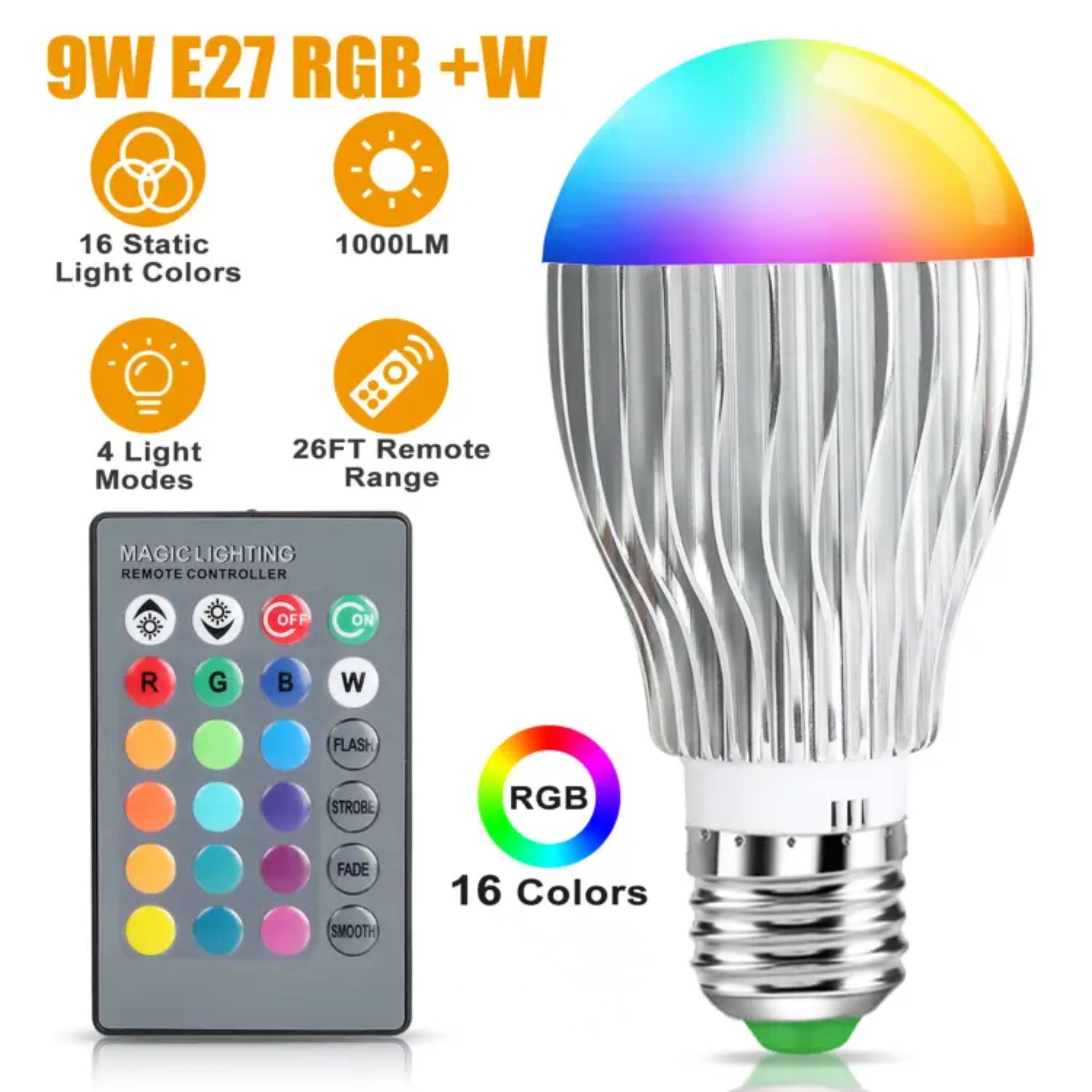 9W E27 RGB + W  
16 Static Light Colors  
1000LM  
4 Light Modes  
26FT Remote Range  
MAGIC LIGHTING REMOTE CONTROLLER  
OFF ON  
R G B W  
FLASH STROBE RGB FADE SMOOTH  
16 Colors