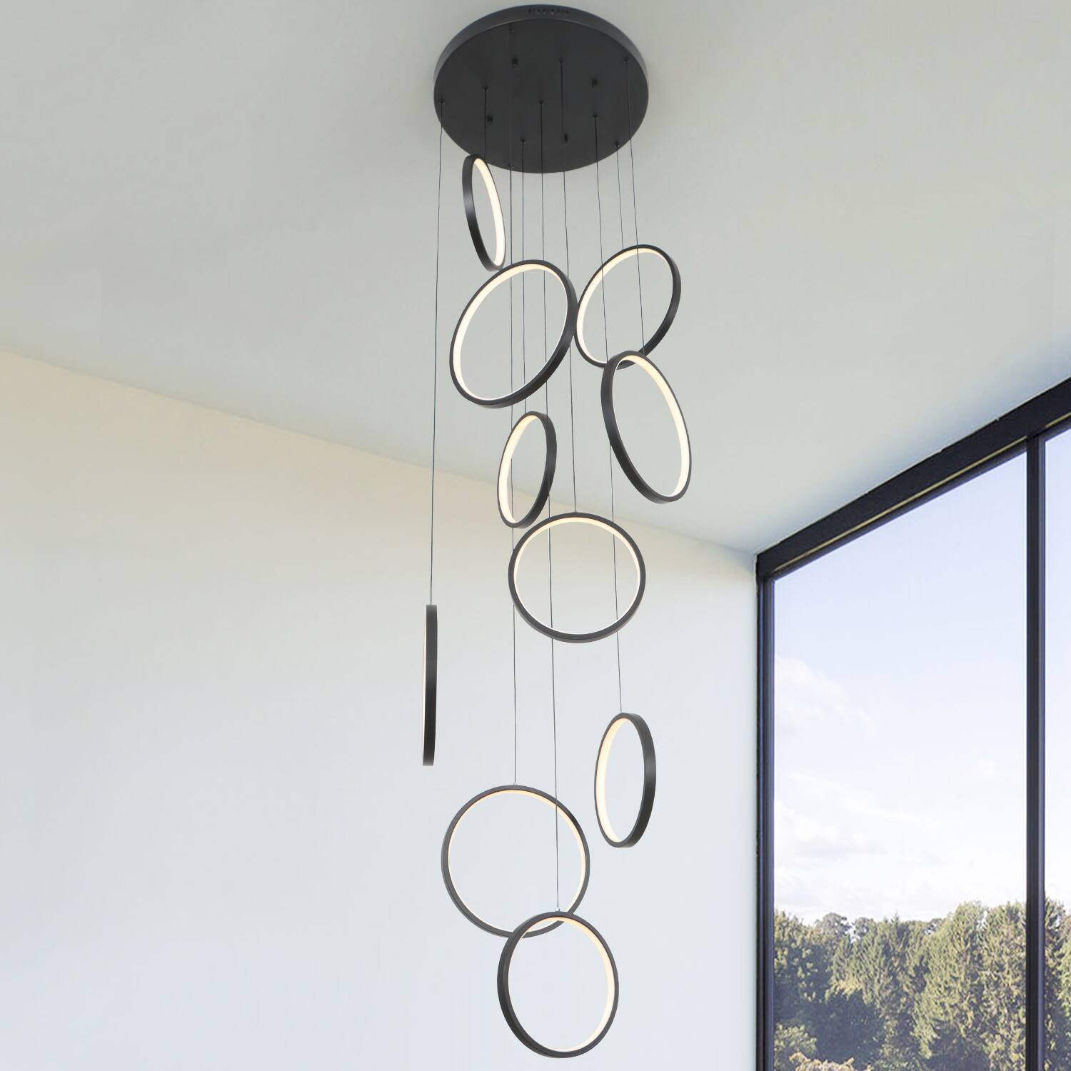 Alt View 2. Umeiluce - 10 Lights Dimmable LED Geometric Chandelier Hanging Pendant for Staircase Stairs - Matte Black.