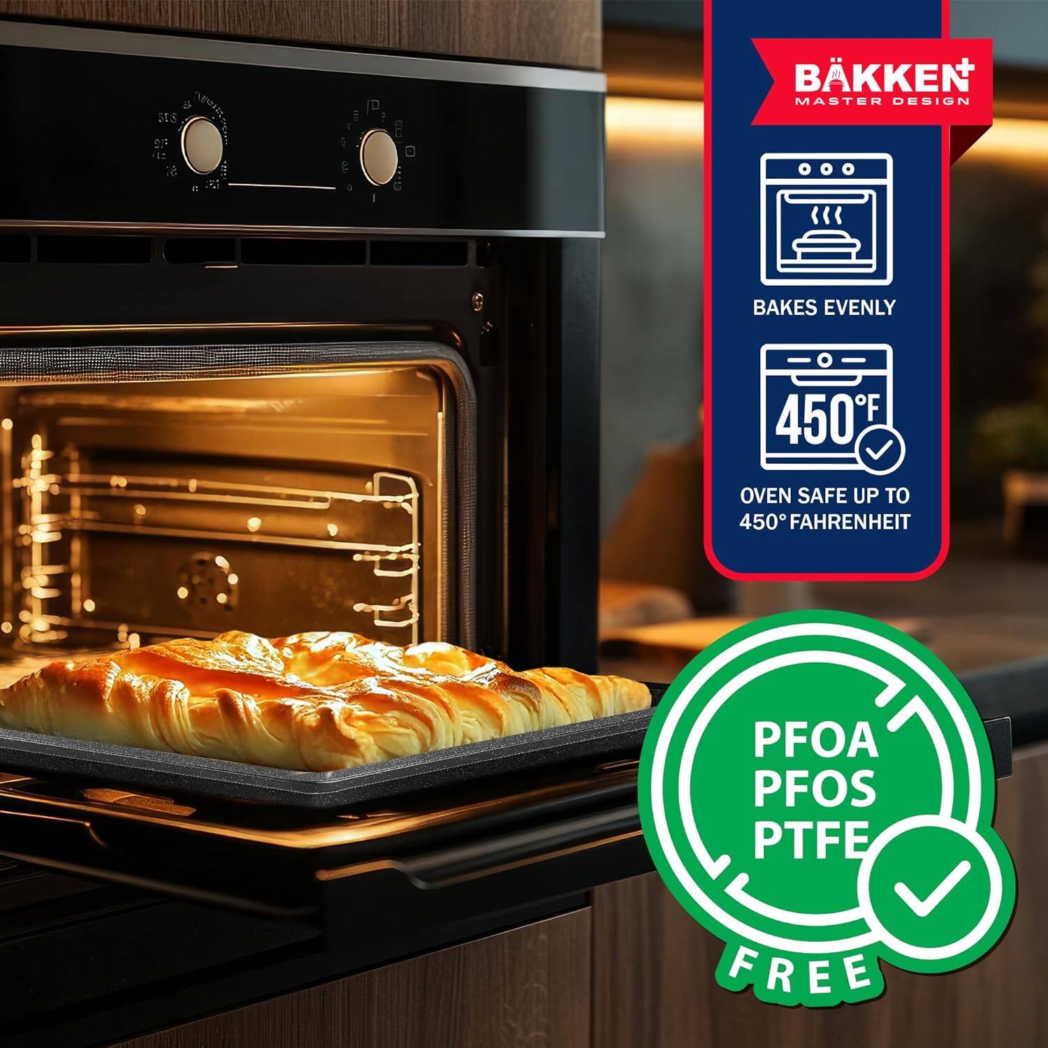 BAKKEN MASTER DESIGN BAKES EVENLY 450F OVEN SAFE UP TO 450 FAHRENHEIT PFOA PFOS PTFE FREE