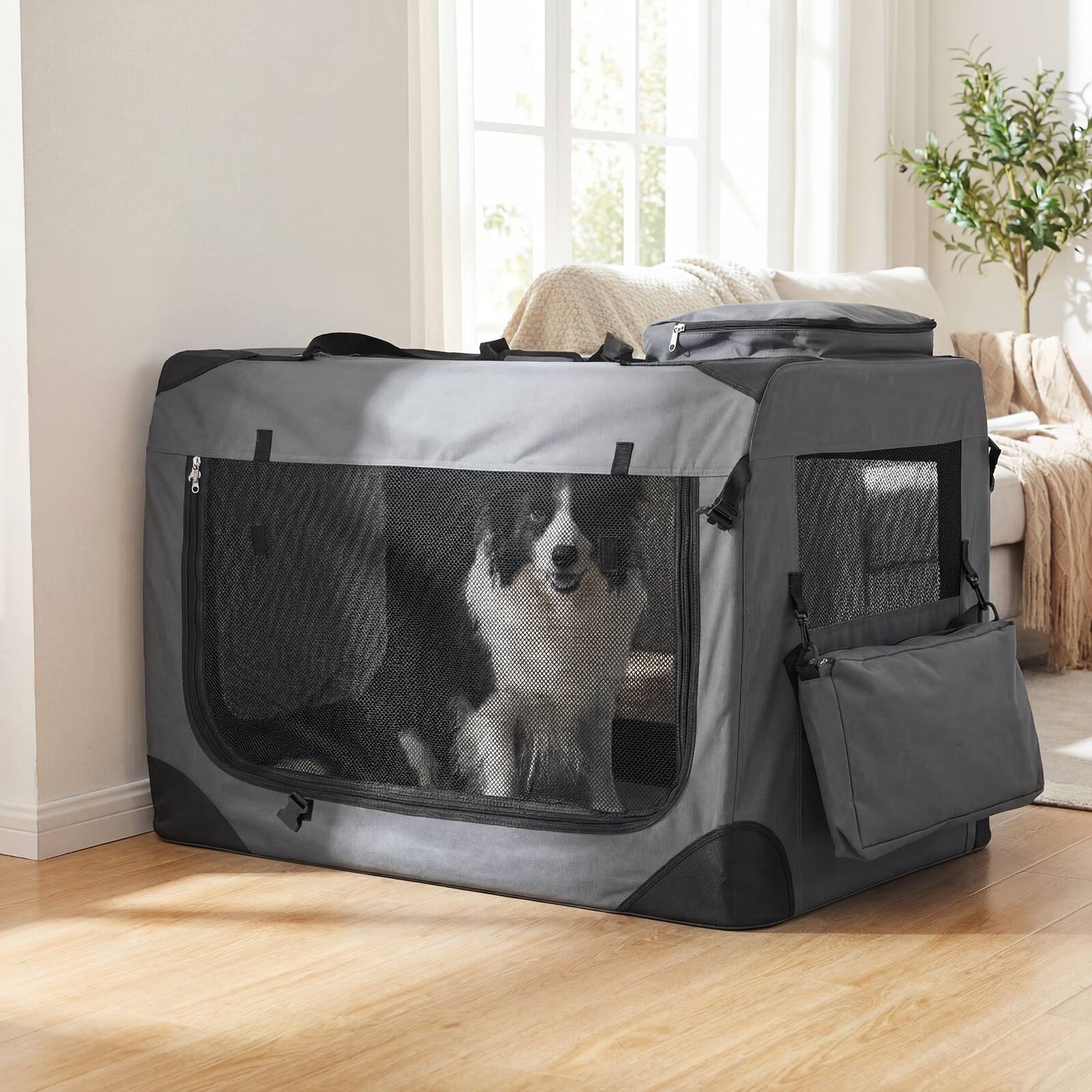 Alt View 1. Gymax - Gymax 36'' Collapsible Soft Dog CratePortable Dog Travel Crate w/Mesh Windows 3 Doors - Gray.