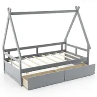 Costway Twin Size House Bed with Roof Safety Guardrail 2 Storage Drawers Wood Slat Support - Gray - Front_Zoom
