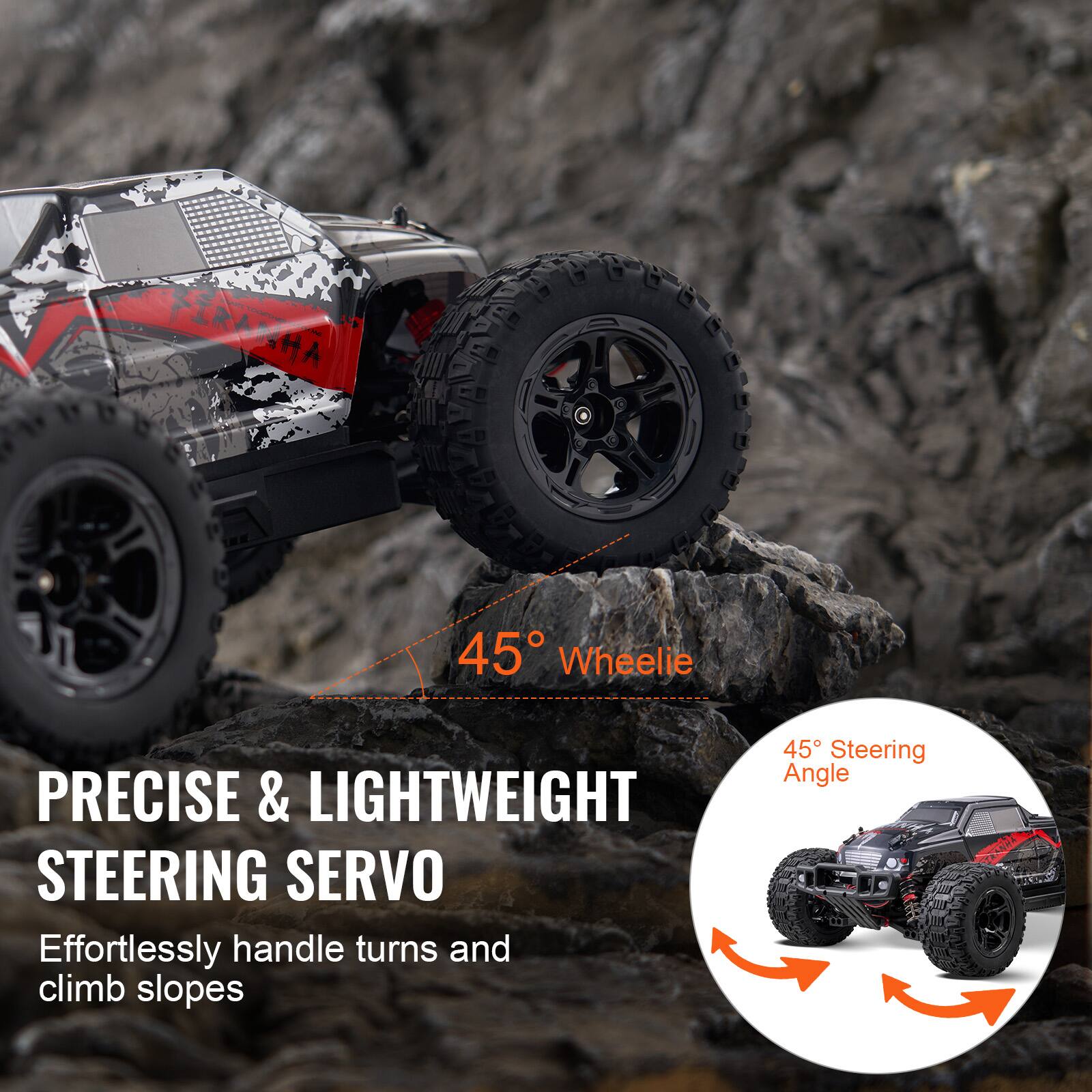 PERANHA

45° Wheelie

PRECISE & LIGHTWEIGHT STEERING SERVO

Effortlessly handle turns and climb slopes

45° Steering Angle