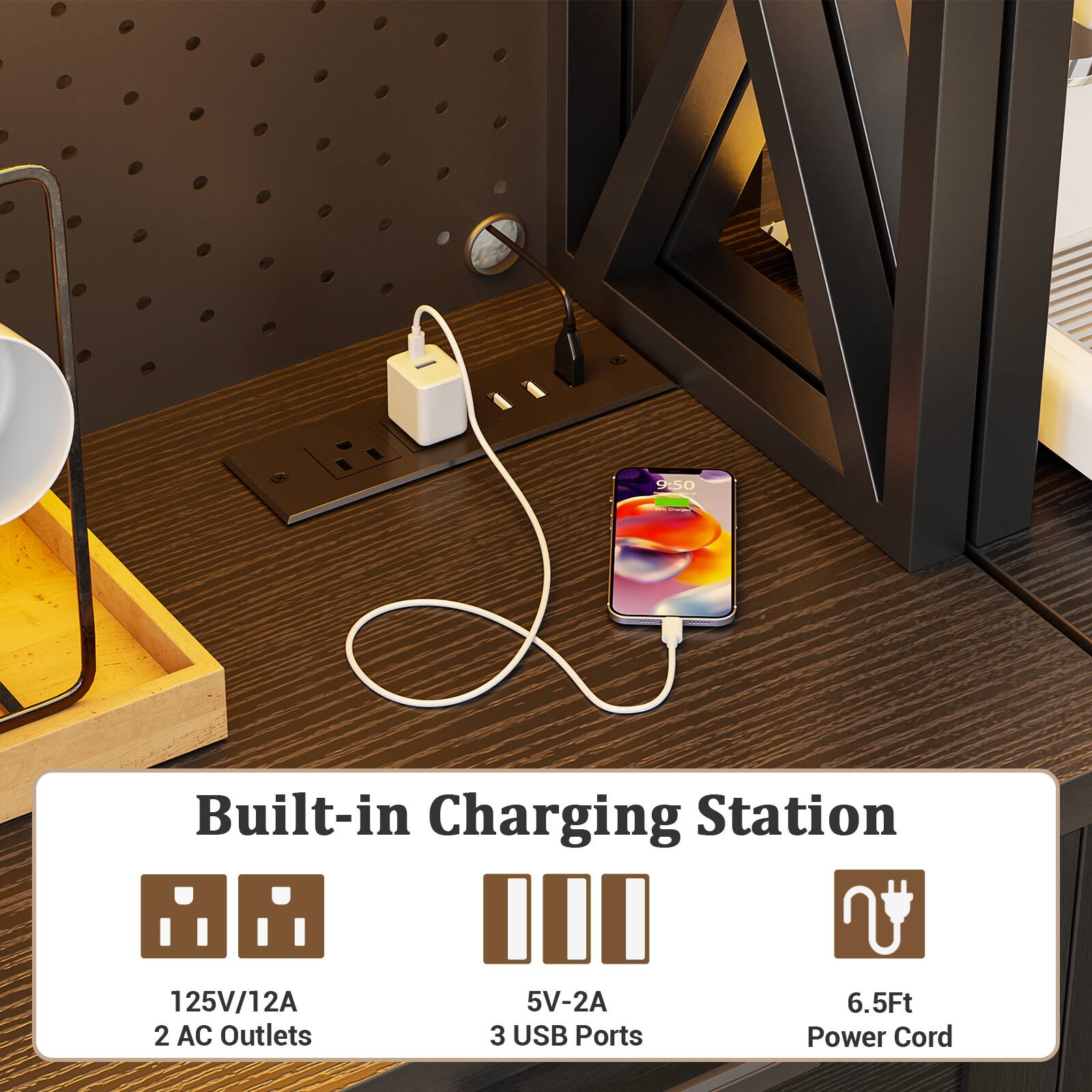 Built-in Charging Station  
125V/12A  
2 AC Outlets  
5V-2A  
3 USB Ports  
6.5Ft Power Cord