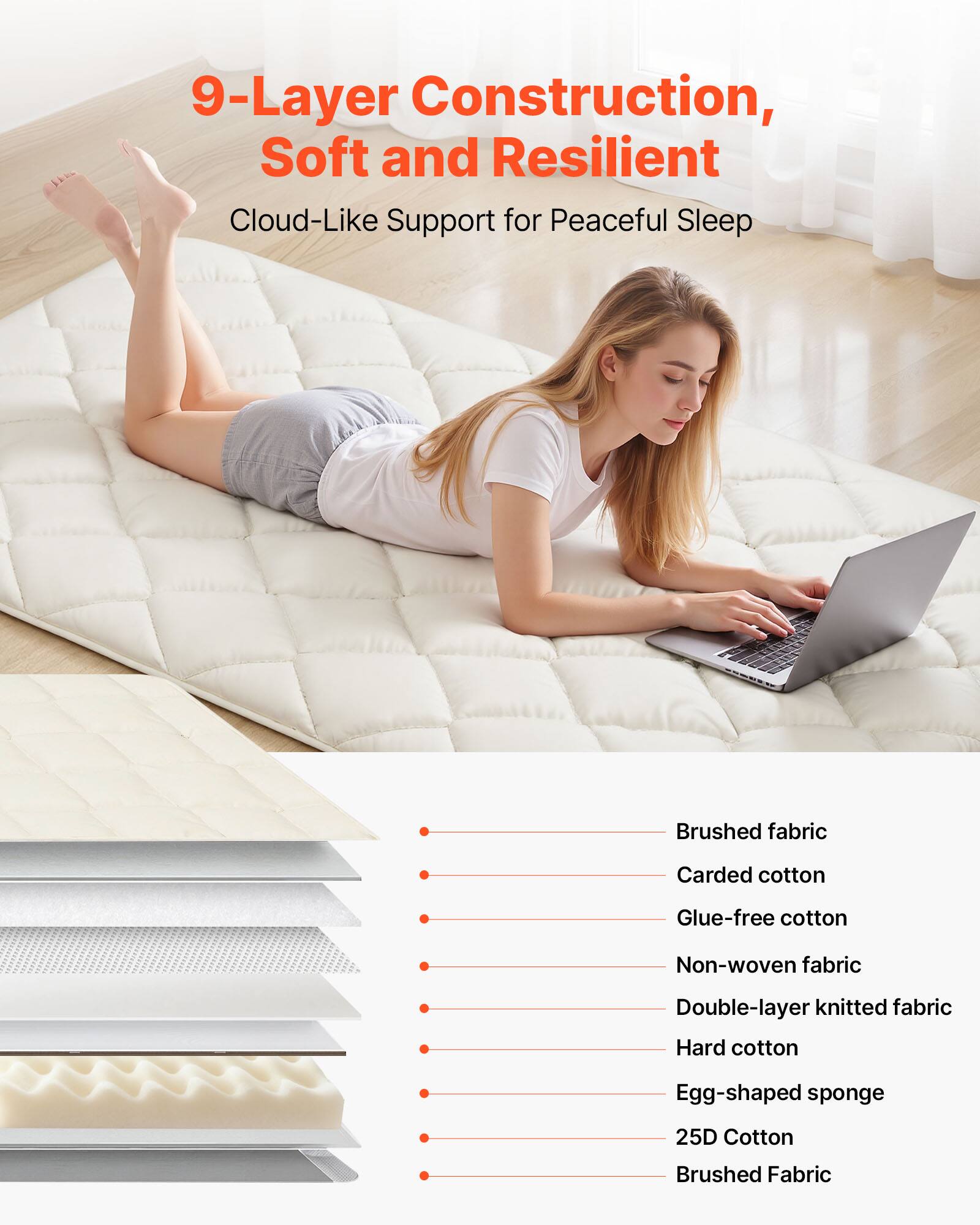 9-Layer Construction, Soft and Resilient  
Cloud-Like Support for Peaceful Sleep  

- Brushed fabric  
- Carded cotton  
- Glue-free cotton  
- Non-woven fabric  
- Double-layer knitted fabric  
- Hard cotton  
- Egg-shaped sponge  
- 25D Cotton  
- Brushed Fabric