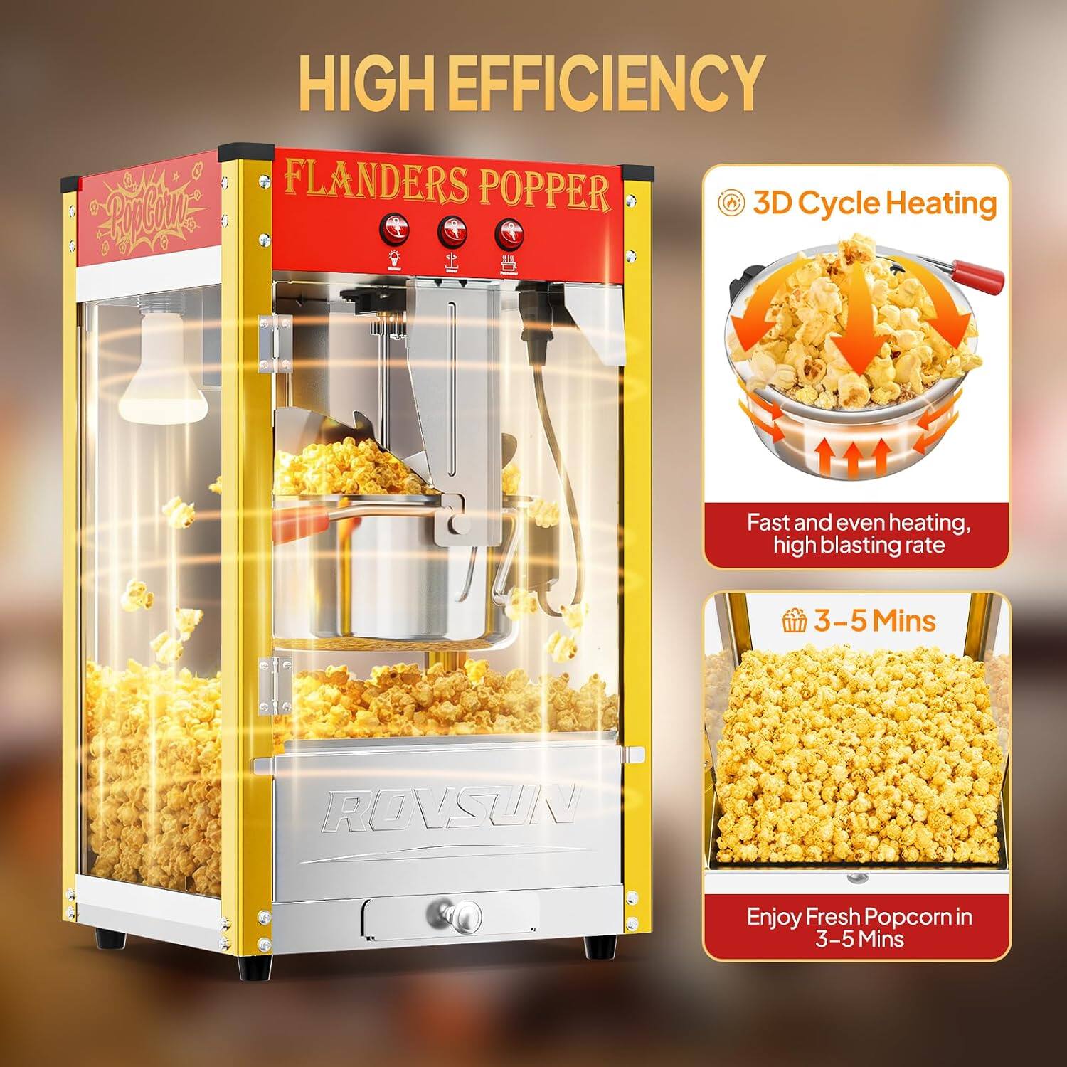 HIGH EFFICIENCY  
FLANDERS POPPER  
3D Cycle Heating  
Fast and even heating, high blasting rate  
3-5 Mins  
Enjoy Fresh Popcorn in 3-5 Mins