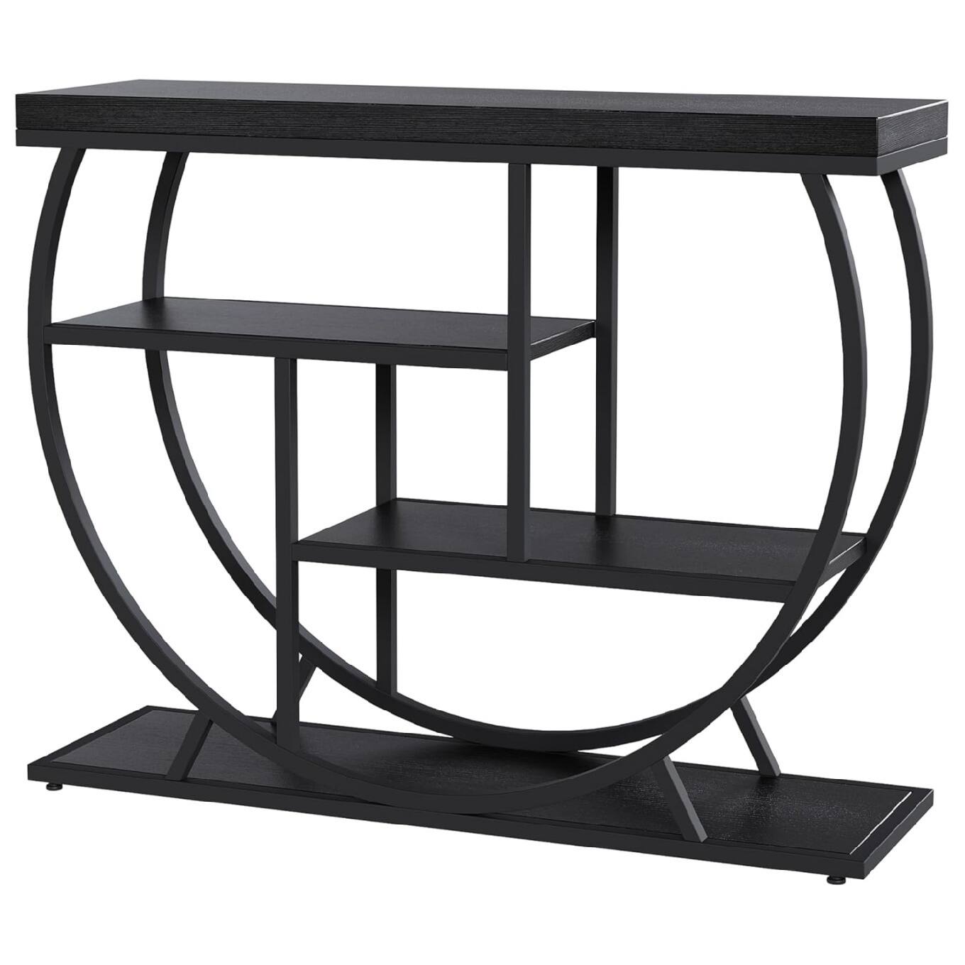 Angle. Qeetex - Entryway Table with Storage, Industrial 4-Tier Narrow Console Table Behind Couch - BLACK.