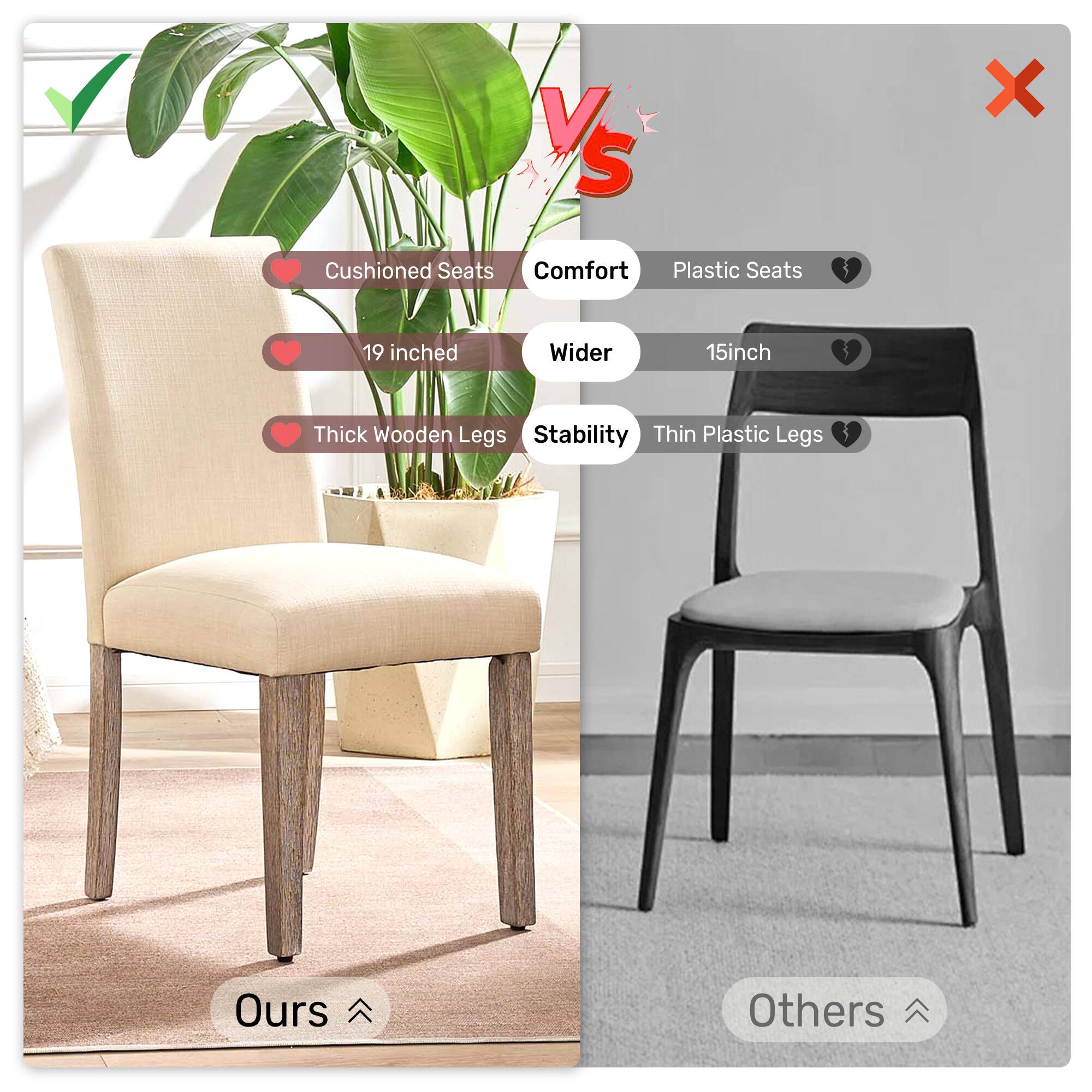 VS
Cushioned Seats
Comfort
Plastic Seats
19 inched
Wider
15inch
Thick Wooden Legs
Stability
Thin Plastic Legs
Ours
Others