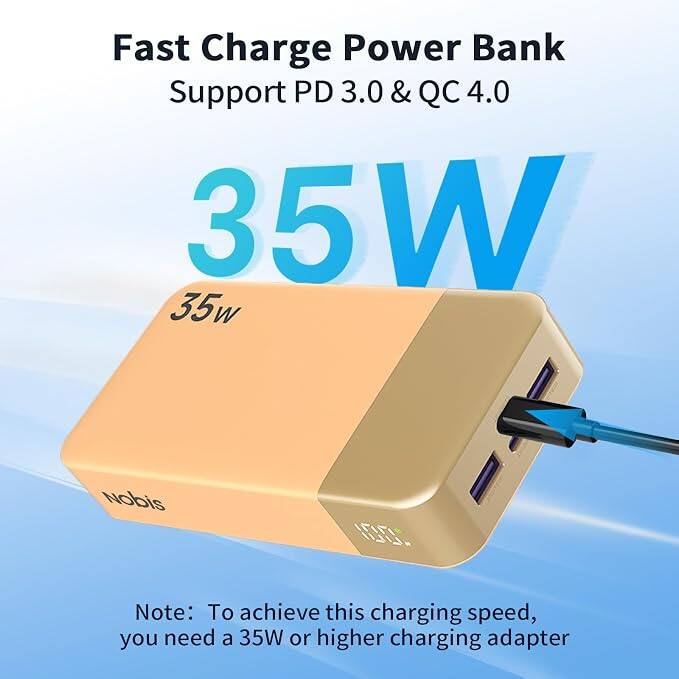 Fast Charge Power Bank Support PD 3.0 & QC 4.0 35W

Nobis

Note: To achieve this charging speed, you need a 35W or higher charging adapter