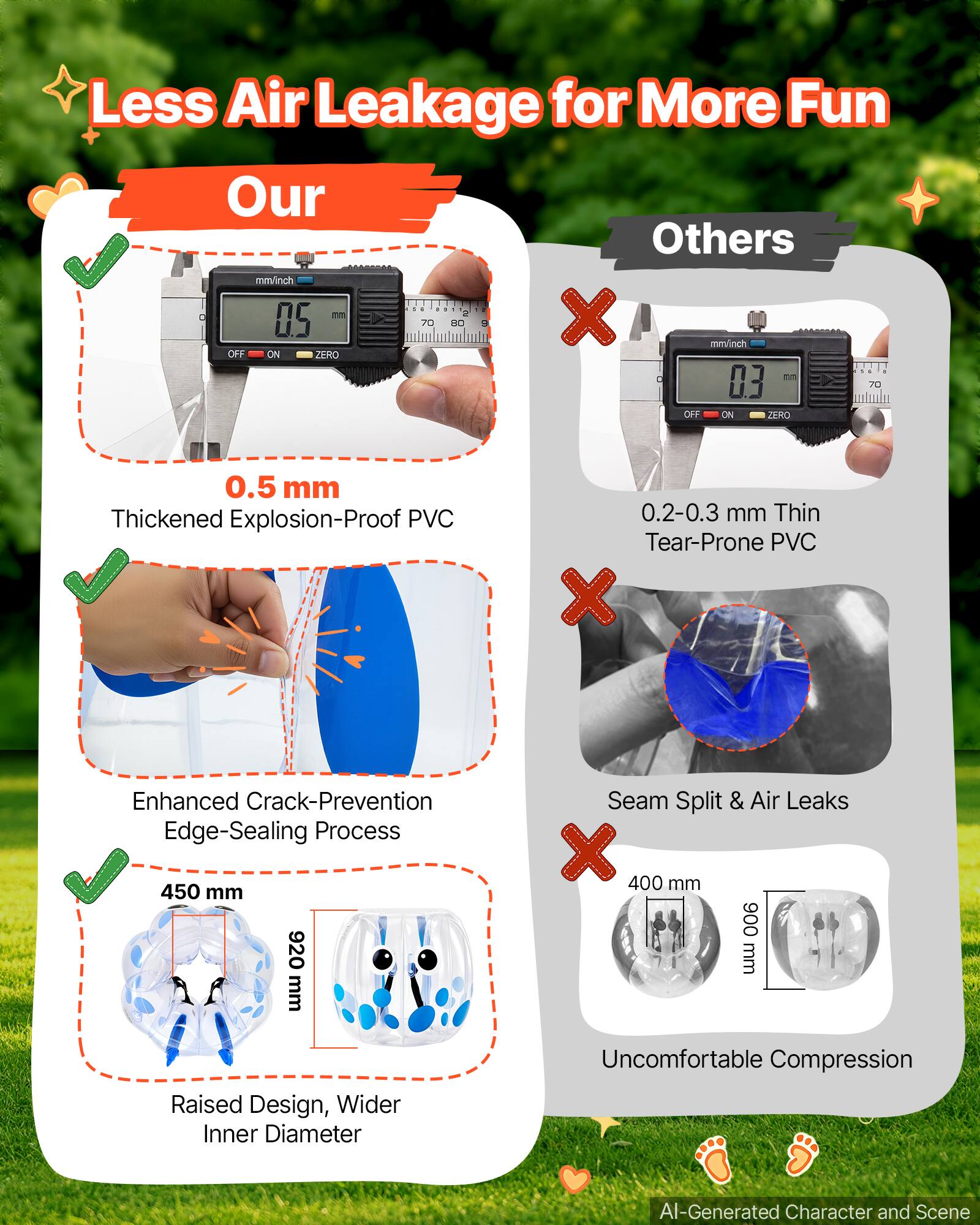 Less Air Leakage for More Fun

Our
- 0.5 mm Thickened Explosion-Proof PVC
- Enhanced Crack-Prevention Edge-Sealing Process
- 450 mm 920 mm Raised Design, Wider Inner Diameter

Others
- 0.2-0.3 mm Thin Tear-Prone PVC
- Seam Split & Air Leaks
- 400 mm 900 mm Uncomfortable Compression

AI-Generated Character and Scene