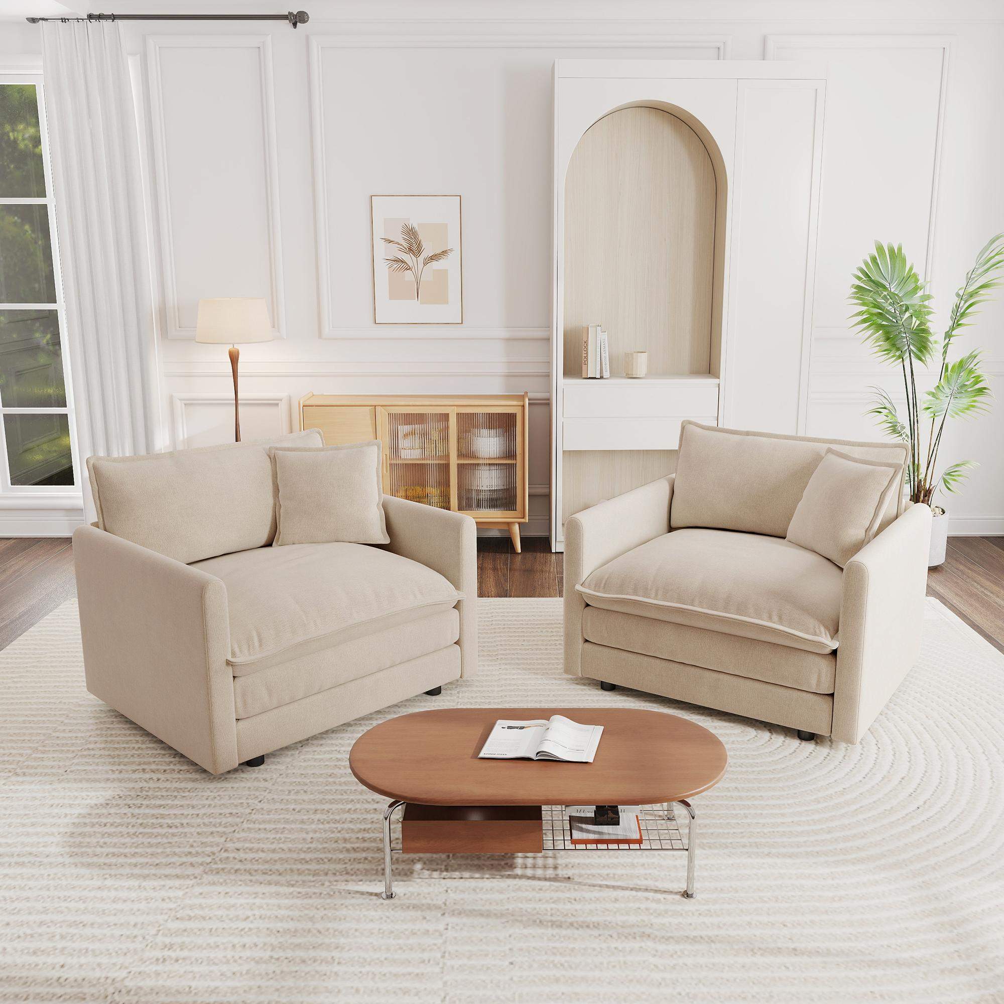 Left. LOVMOR - Accent Chair Set of 2 Highend Chenille Upholstered Armchairs Living Room Side Chairs with Toss Pillow Light Coffee - Beige.