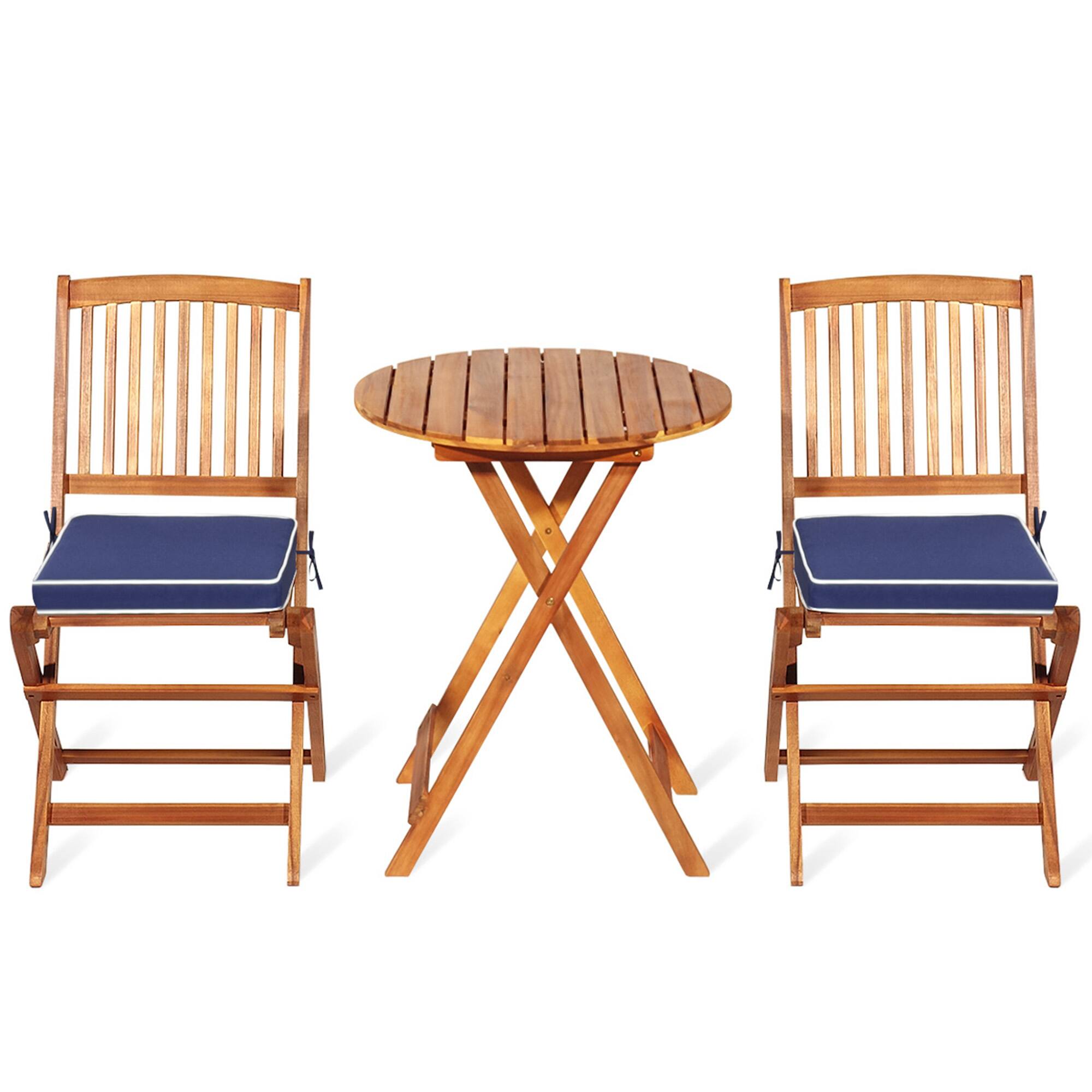 Alt View 4. Gymax - Gymax 3PC Folding Patio Conversation Set Acacia Wood Bistro Set w/ Cushions - Navy.