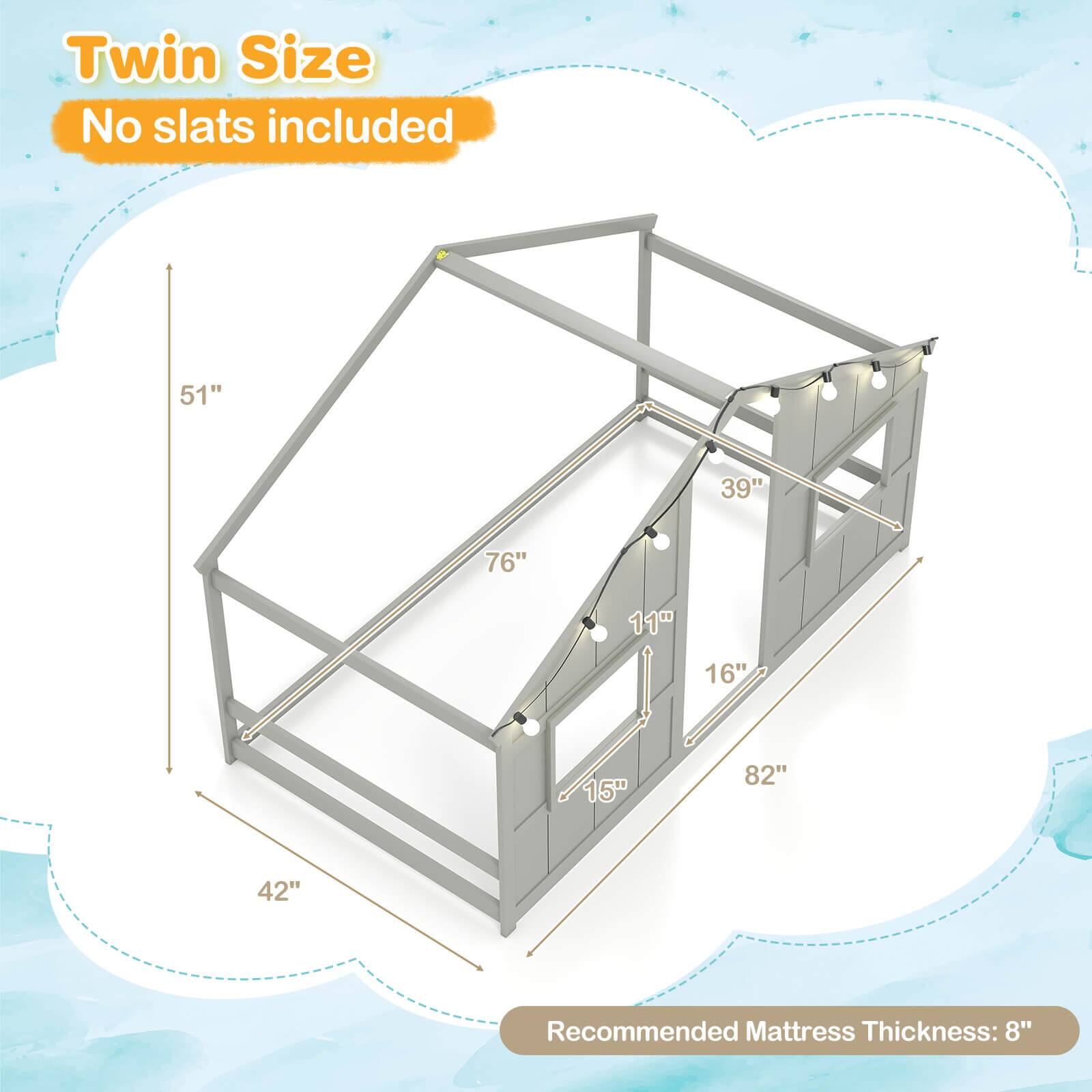 Twin Size  
No slats included  

51"  
39"  
76"  
11"  
16"  
15"  
82"  
42"  

Recommended Mattress Thickness: 8"