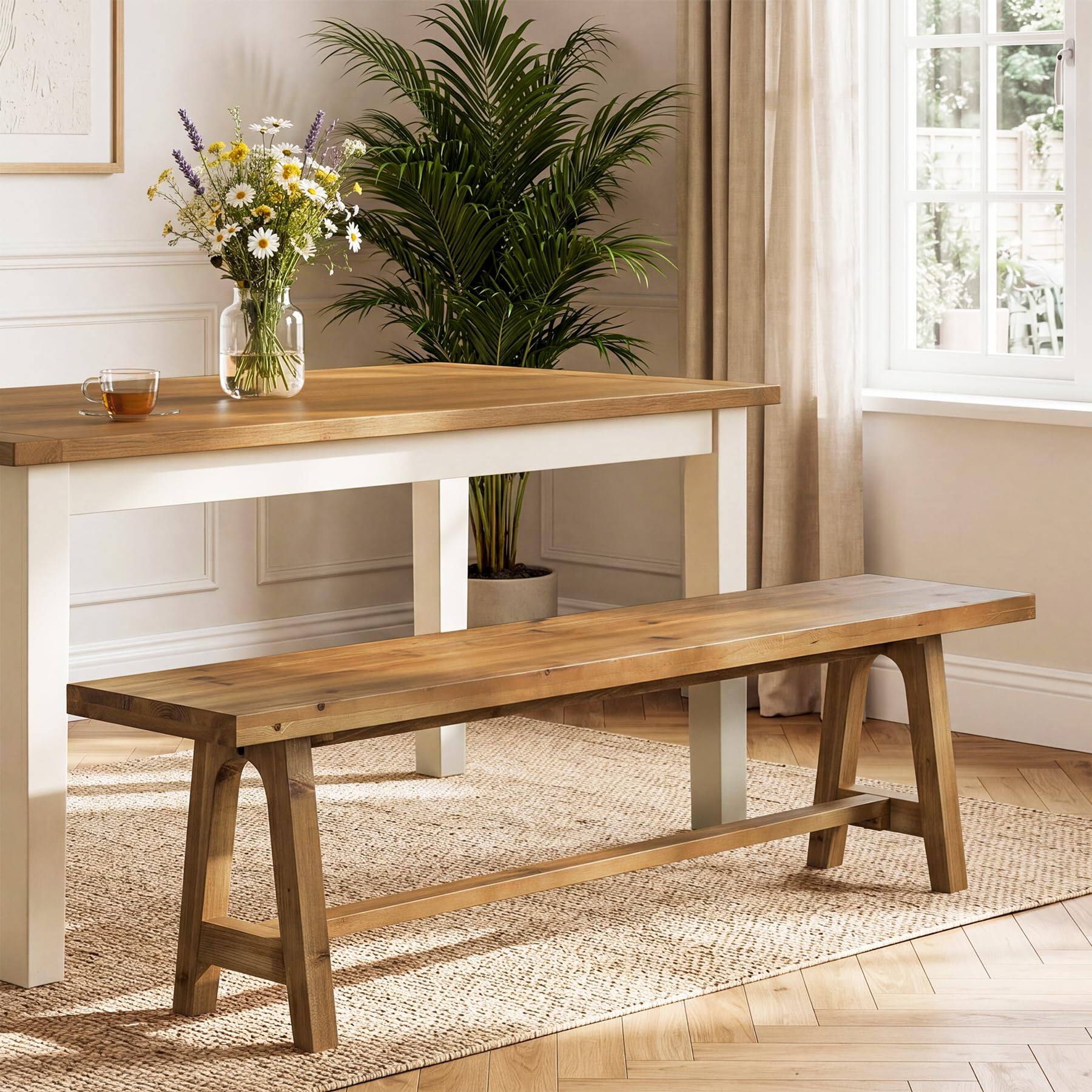 Alt View 1. Tribesigns - Solid Wood Dining Bench, 63 Inch Long Farmhouse Kitchen Bench for Dining Room, Kitchen, Easy to Assemble, Brown - Brown.