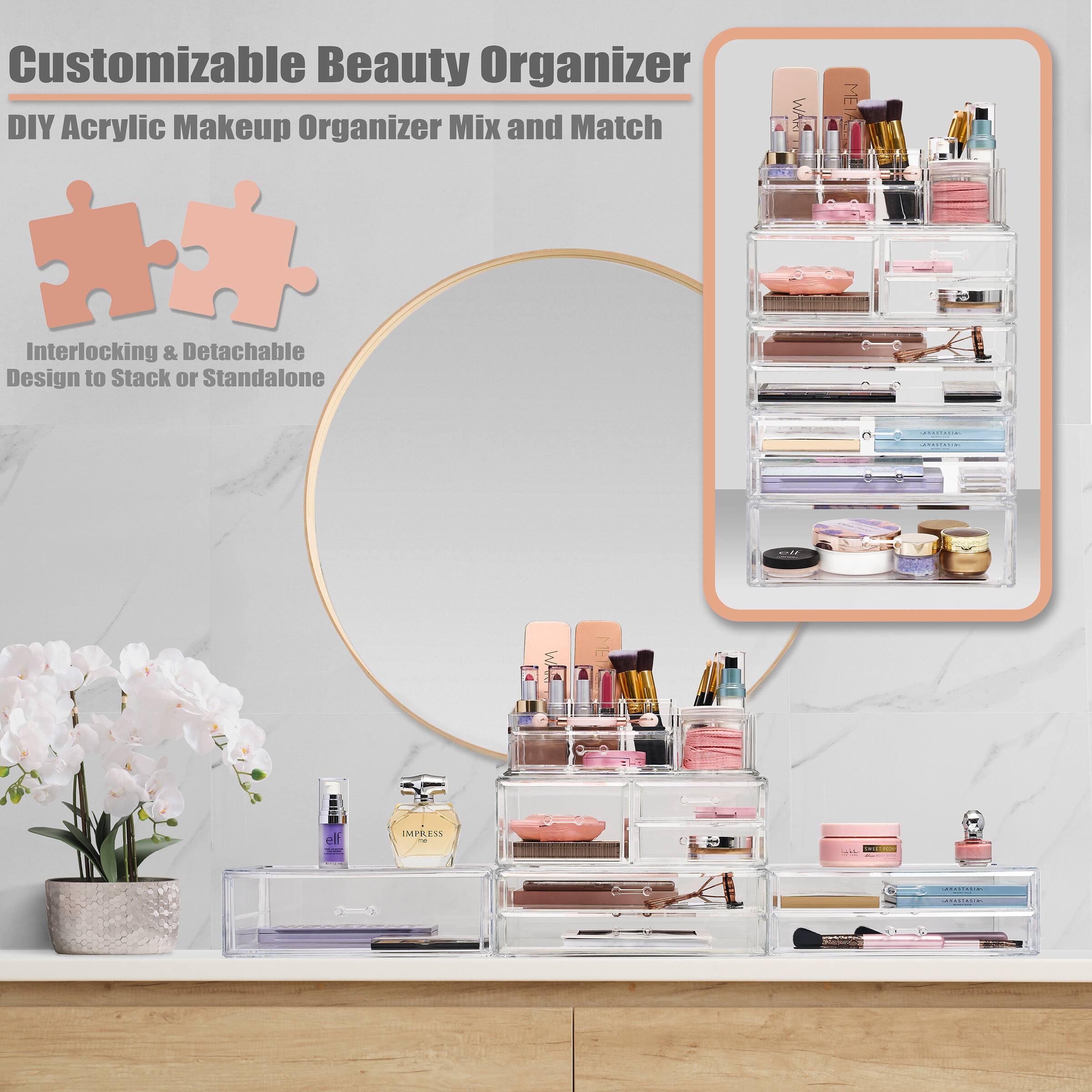 Customizable Beauty Organizer  
DIY Acrylic Makeup Organizer Mix and Match  

Interlocking & Detachable Design to Stack or Standalone  

IMPRESS