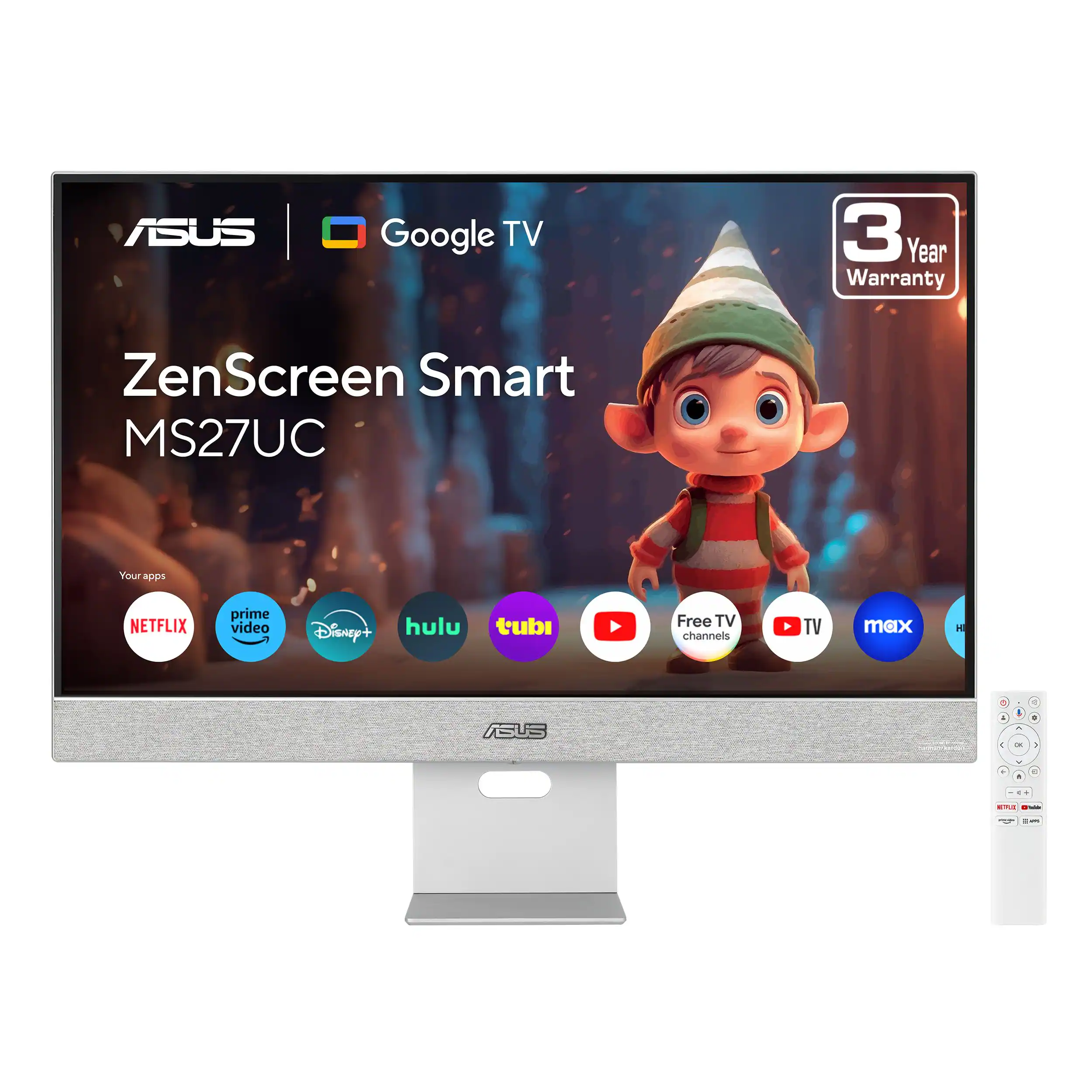 ASUS Google TV 3 Year Warranty ZenScreen Smart MS27UC Your apps NETFLIX prime video Disney+ hulu tubi Free TV channels A TV max H