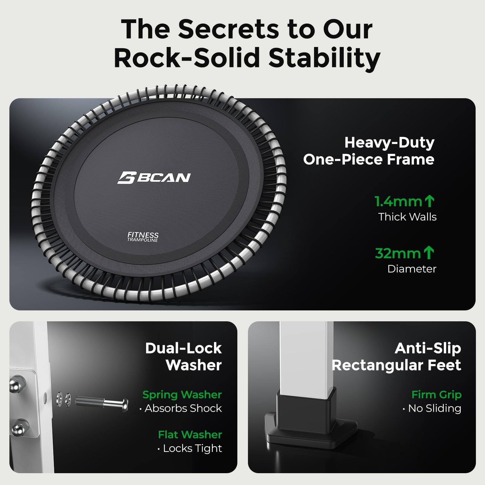 The Secrets to Our Rock-Solid Stability

- Heavy-Duty One-Piece Frame
  - 1.4mm Thick Walls
  - 32mm Diameter

- Dual-Lock Washer
  - Spring Washer: Absorbs Shock
  - Flat Washer: Locks Tight

- Anti-Slip Rectangular Feet
  - Firm Grip: No Sliding