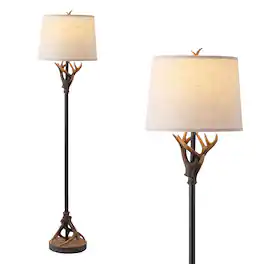 Jonathan Y - Benjamin 61" Rustic Farmhouse Metal and Resin Antler Floor Lamp with Beige Linen Shade and Wood-Slice Base - Brown/Black