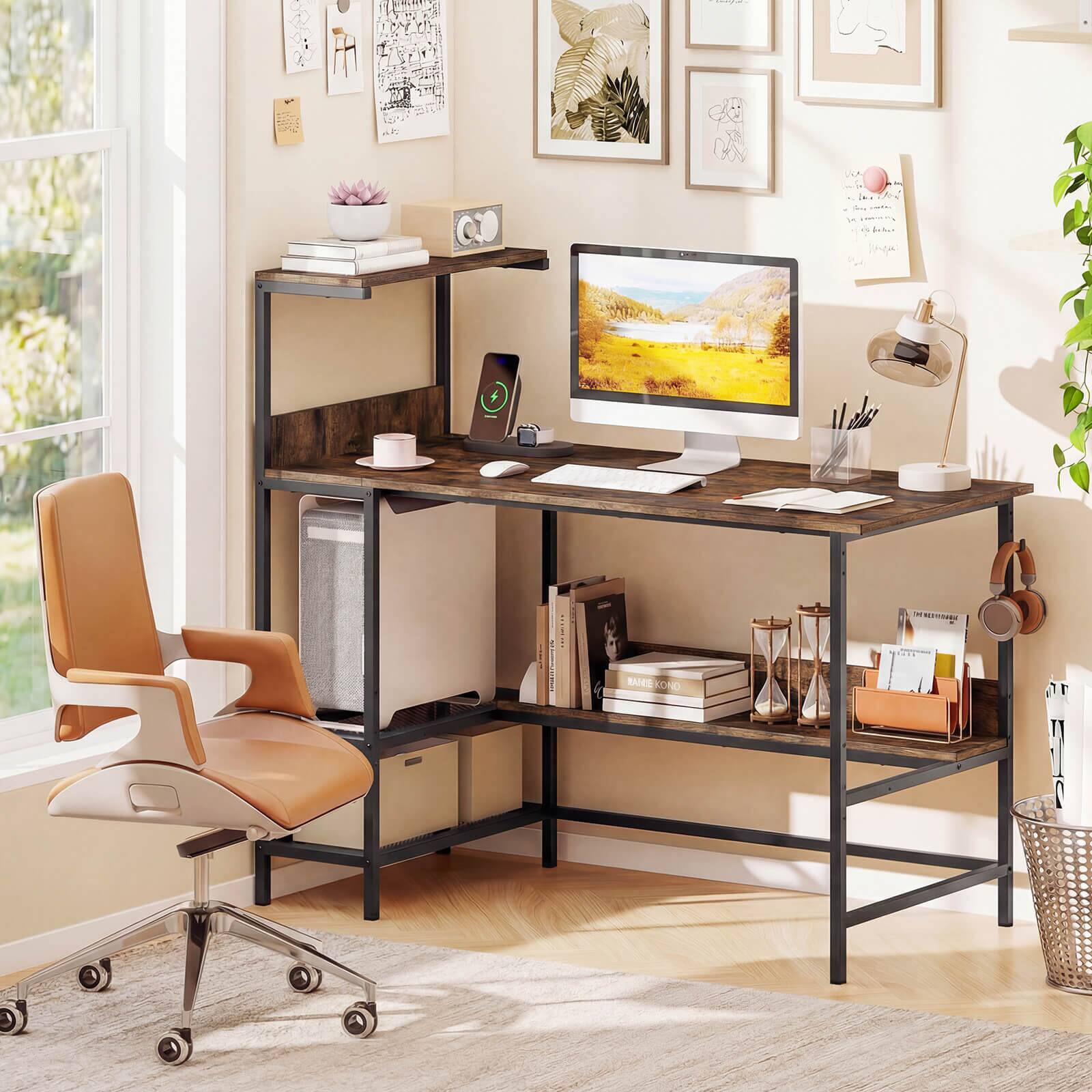 Alt View 3. Costway - Costway 48" Computer Desk with Power Outlets, Storage Shelves, Headphone Hook for Gaming - Rustic Brown.