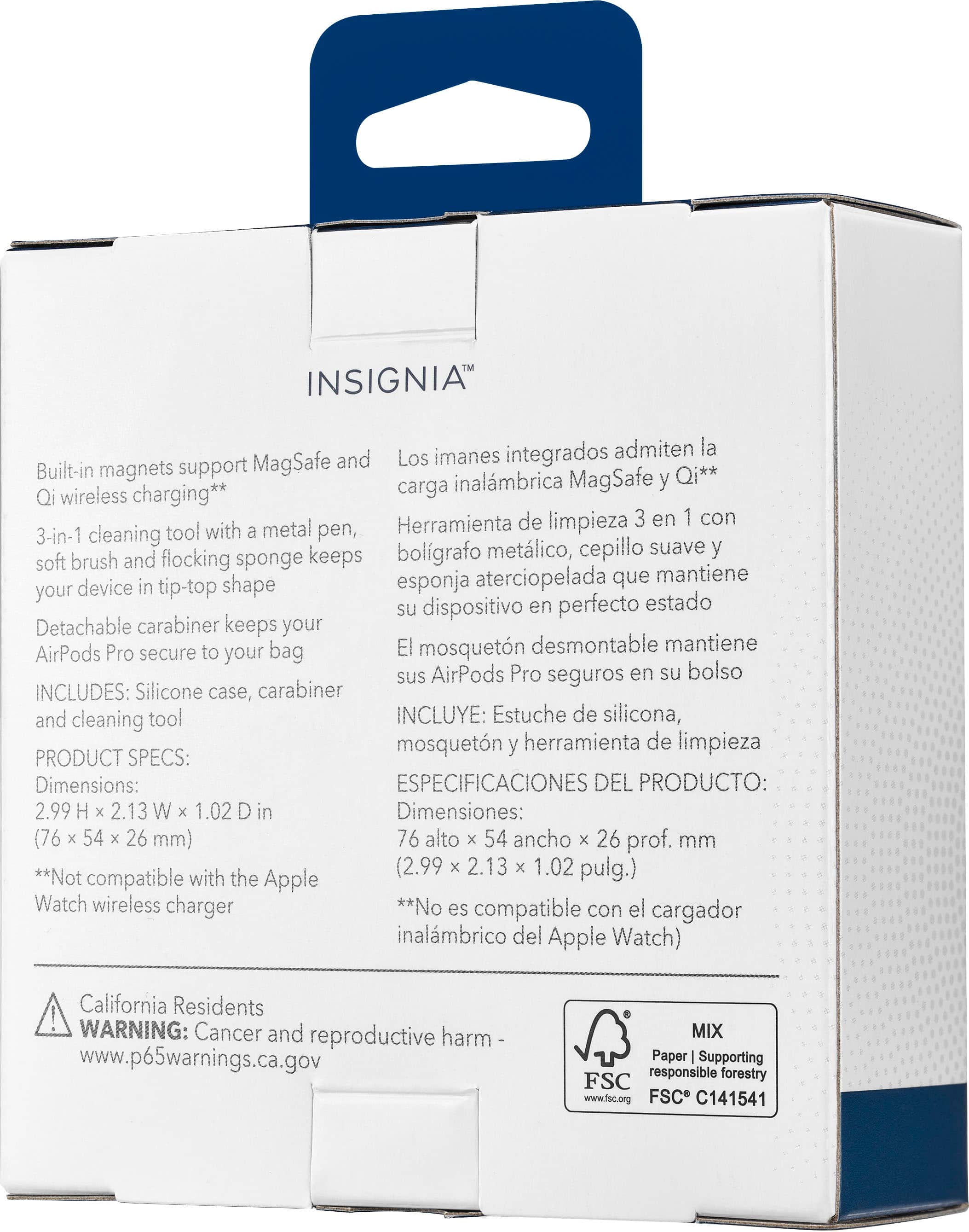 Insignia imanes integrados admiten la MagSafe y los cargadores inalambricos Qi. La herramienta de limpieza 3 en 1 con un pincel metálico, bolígrafo metálico, cepillo suave y esponja de lana mantiene tu dispositivo en perfecto estado. El mosquetón desmontable mantiene tus AirPods Pro seguros en tu bolso. Incluye: Estuche de silicona, carabiner y herramienta de limpieza. Especificaciones del producto: 2.99 H x 2.13 W x 1.02 D in (76 x 54 x 26 mm) (2.99 x 2.13 x 1.02 pulg.)