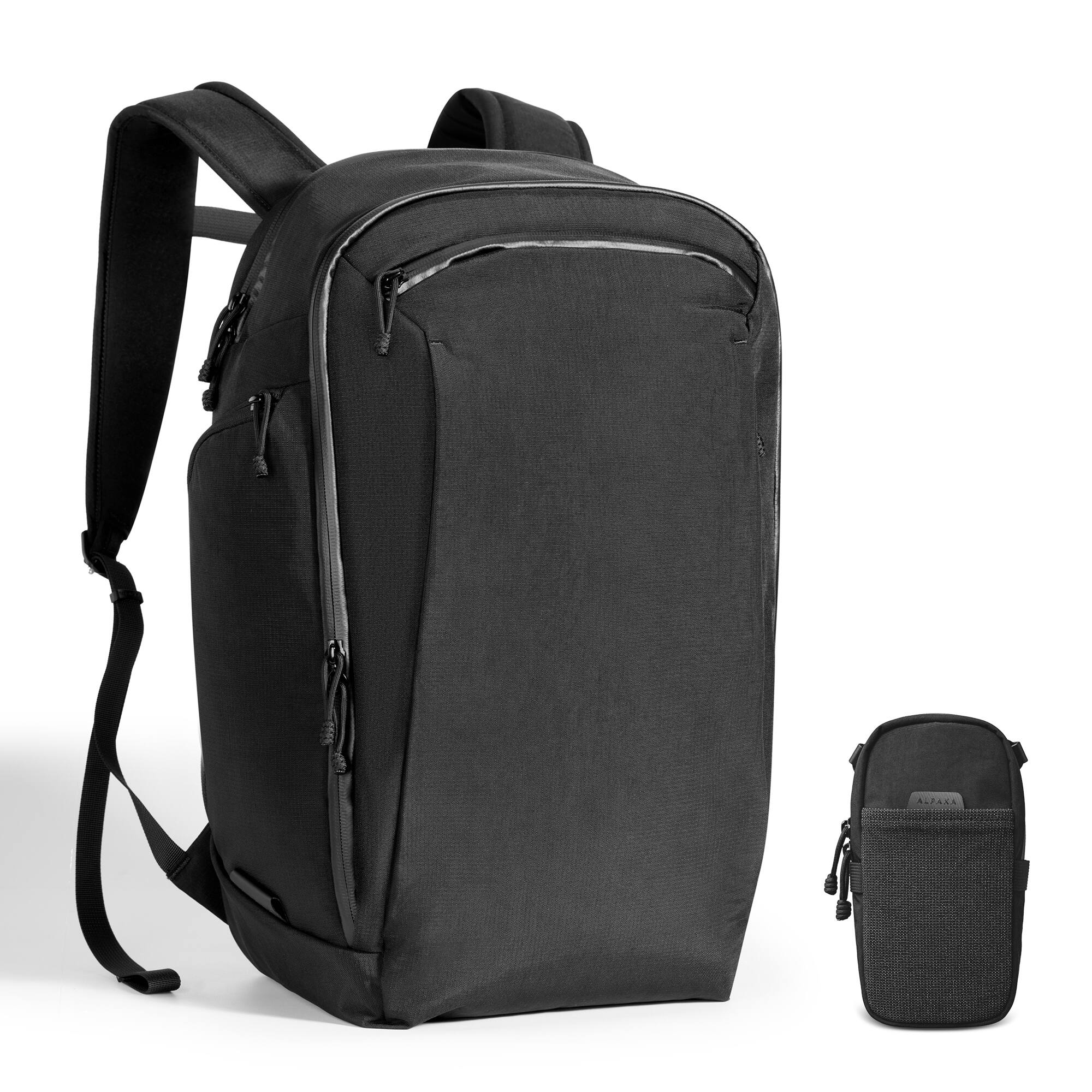 Front. ALPAKA - Traverse Backpack 30L & Modular Shoulder Pocket Max Bundle - Black Axoflux 400D Ripstop Nylon.
