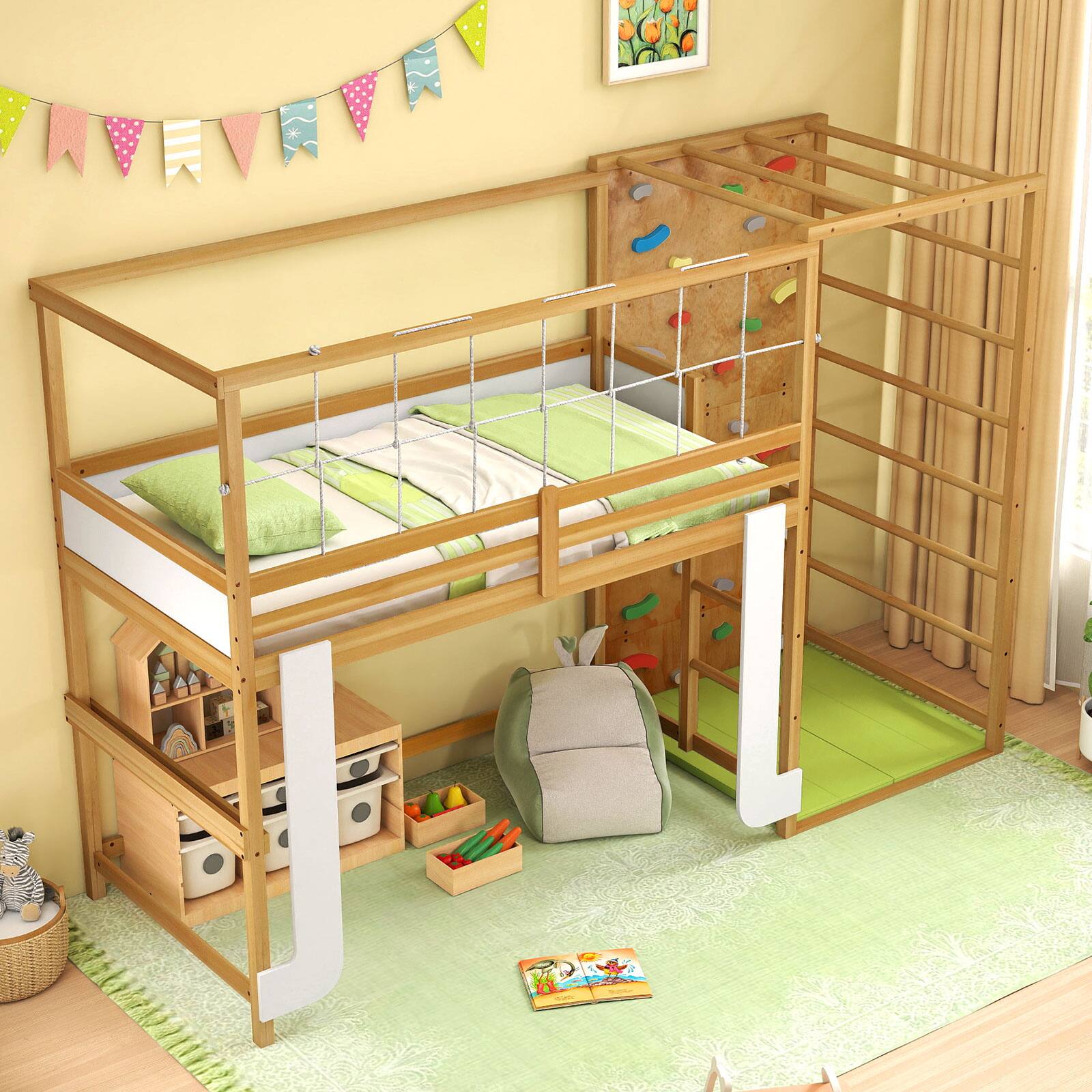 Alt View 3. Costway - Costway Twin Bunk Bed with Jungle Gym, Climbing Ladder, Rock Wall & Monkey Bar - Natural + White.