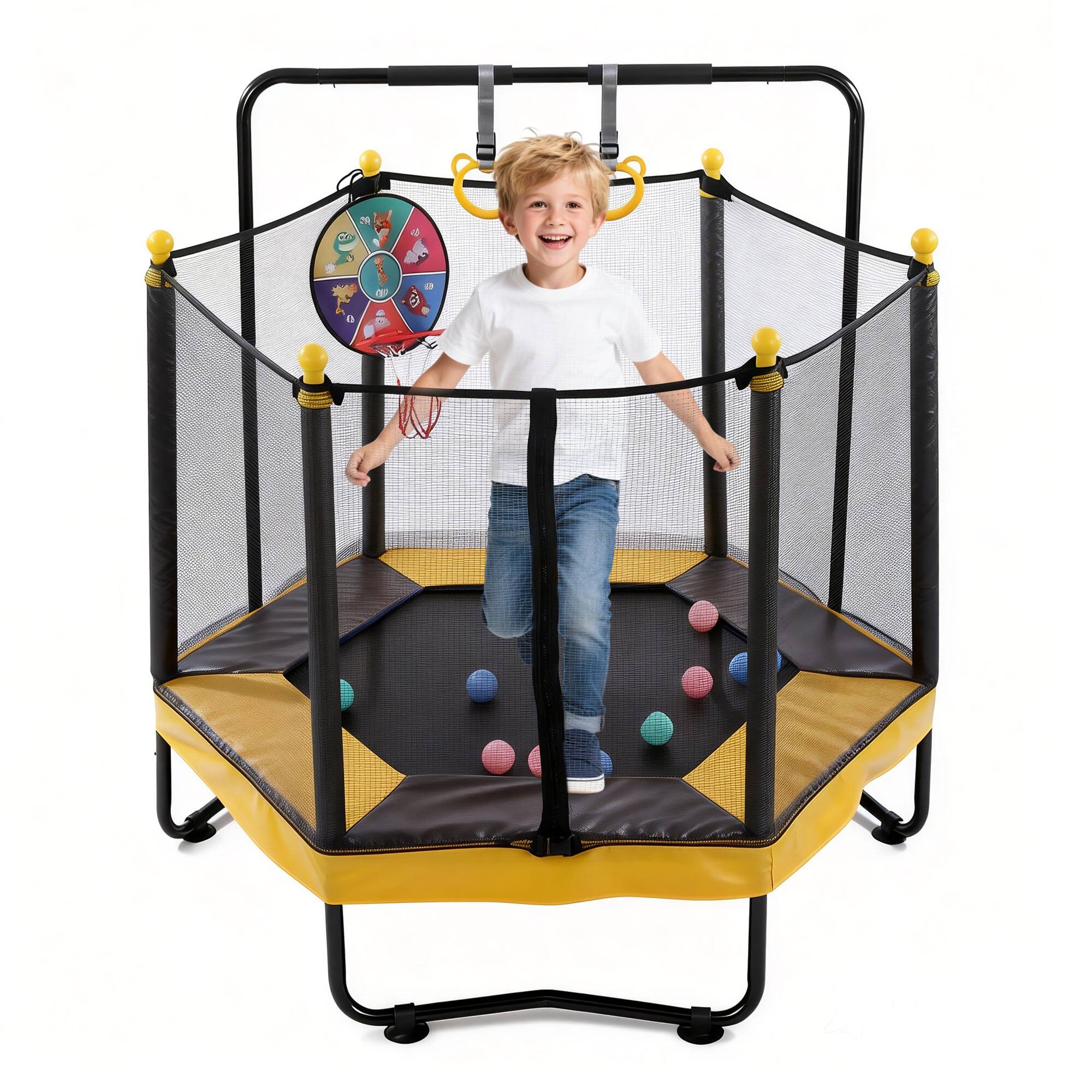 Alt View 8. Ecooso - 54" Kids Trampoline w/ Enclosure, Adjustable Gym Bar, Basketball Hoop, Rings, Boxing Bag, Ages 1-8 - Brown+Yellow.