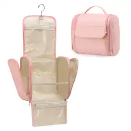Unique Bargains - Women Makeup Bag with Hanging Hook, Large Portable Travel Hanging Toiletry Bag Organizer Case - Pink