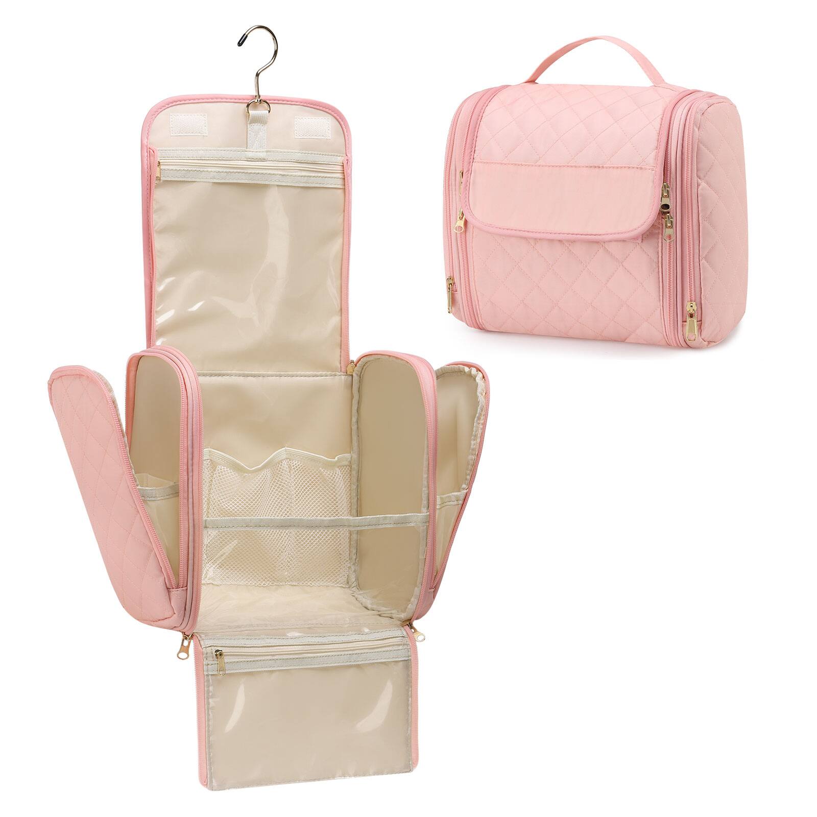 Front. Unique Bargains - Women Makeup Bag with Hanging Hook, Large Portable Travel Hanging Toiletry Bag Organizer Case - Pink.